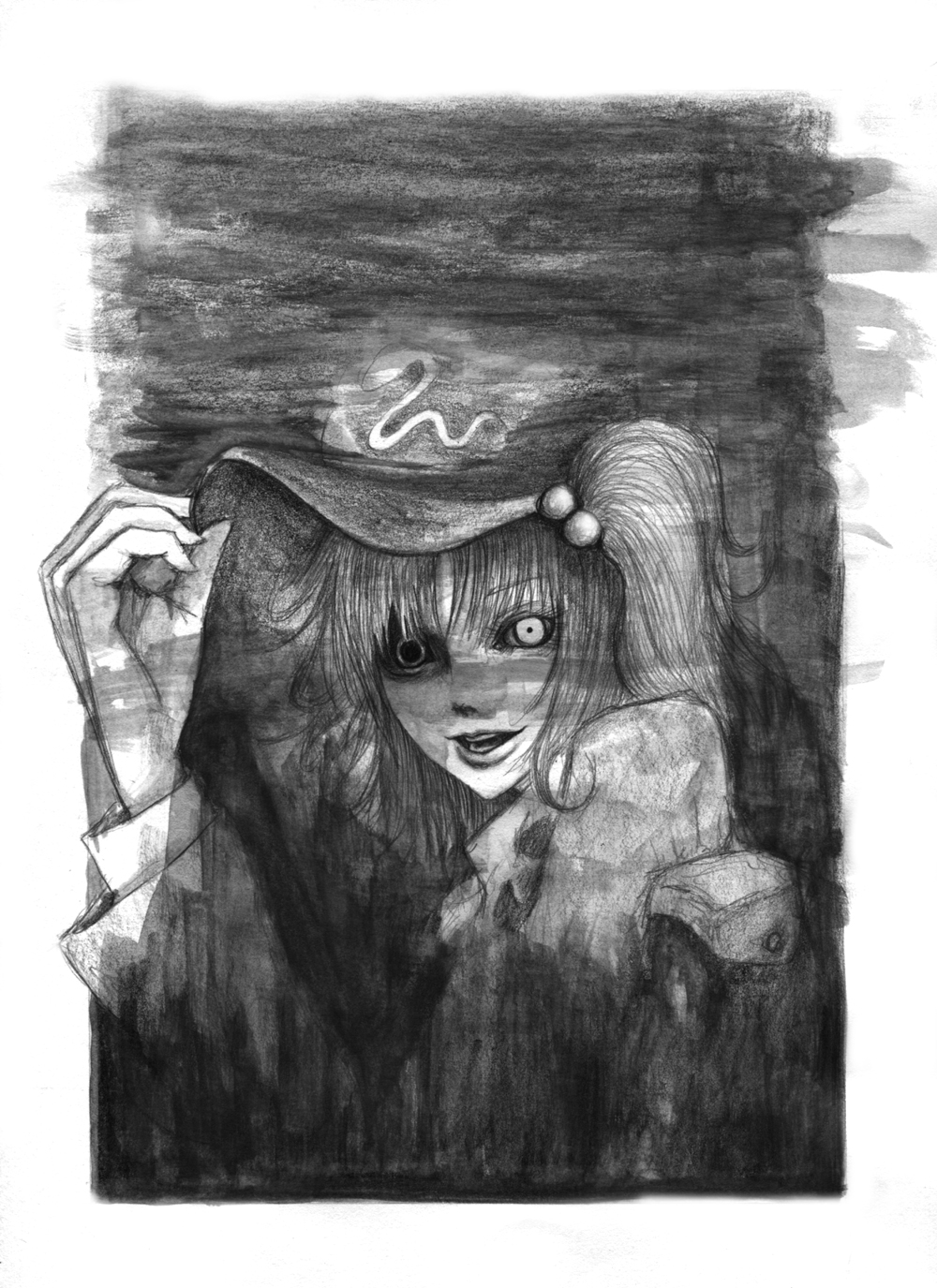 hane (azelye), kawashiro nitori, touhou, bad id, bad pixiv id, graphite (medium), highres, traditional media, 1girl, backpack, bag, female focus, greyscale, hair bobbles, hair ornament, monochrome, portrait, randoseru, smile, solo, twintails