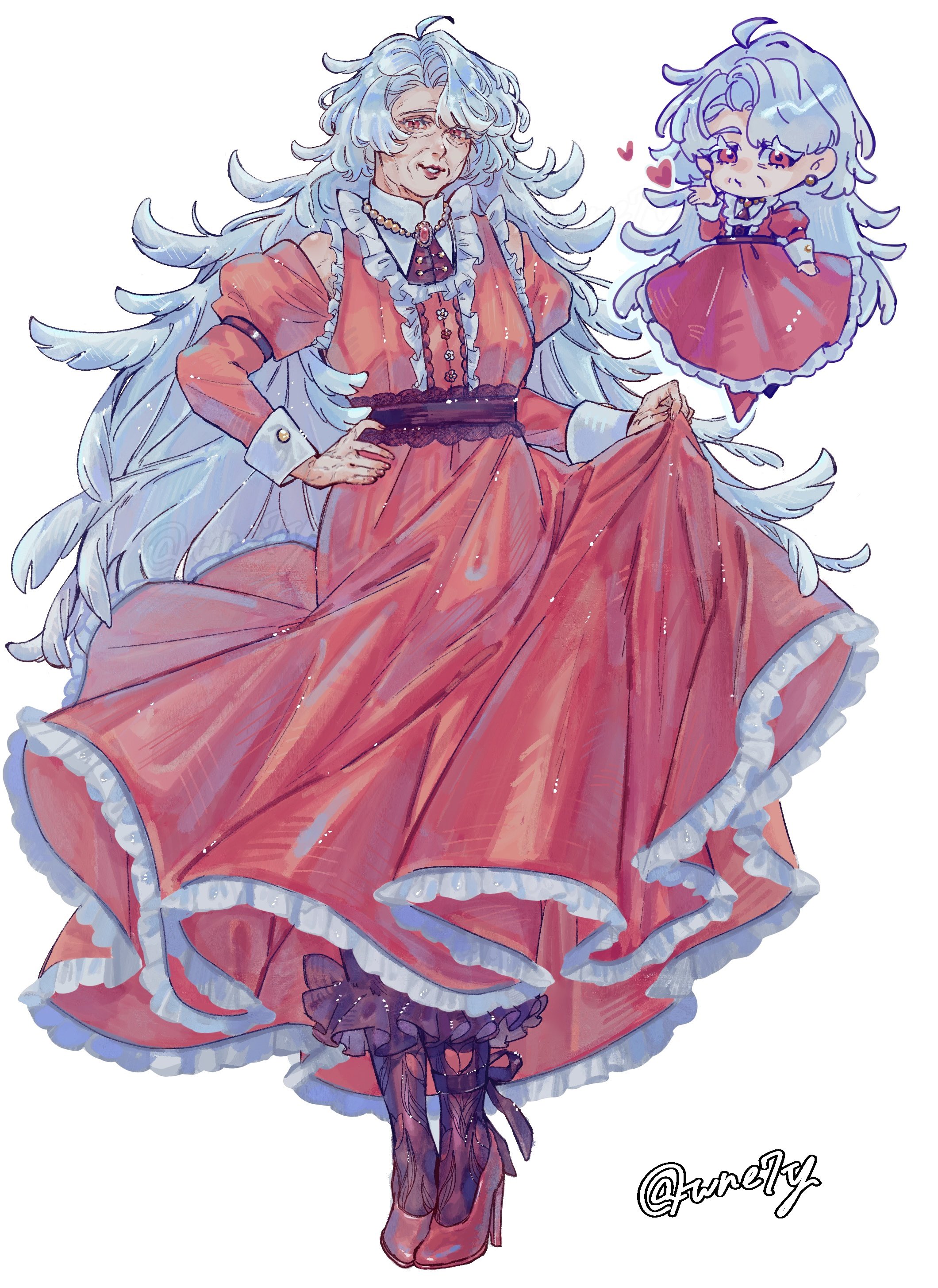 original, absurdres, commentary request, highres, bare shoulders, chibi, detached sleeves, dress, feathered hair, frilled dress, frills, grey hair, high heels, long dress, long hair, old, old woman, pink dress, pink shoes, red eyes, shoes, smile, very long hair, wne7y, wrinkled skin