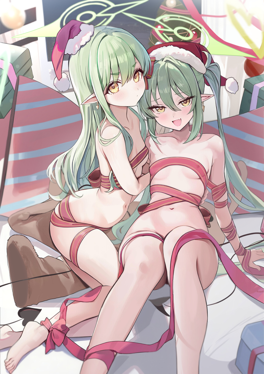 houraku, hikari (blue archive), nozomi (blue archive), blue archive, commentary request, highres, textless version, 2girls, :d, black tail, breasts, christmas, christmas present, closed mouth, collarbone, demon girl, demon tail, dot mouth, fang, fur-trimmed headwear, fur trim, gift, green hair, green halo, halo, hat, long hair, looking at viewer, multiple girls, naked ribbon, navel, open mouth, pointy ears, red hat, red ribbon, ribbon, santa hat, siblings, sisters, skin fang, small breasts, smile, tail, thick eyebrows, twins, twintails, v-shaped eyebrows, yellow eyes