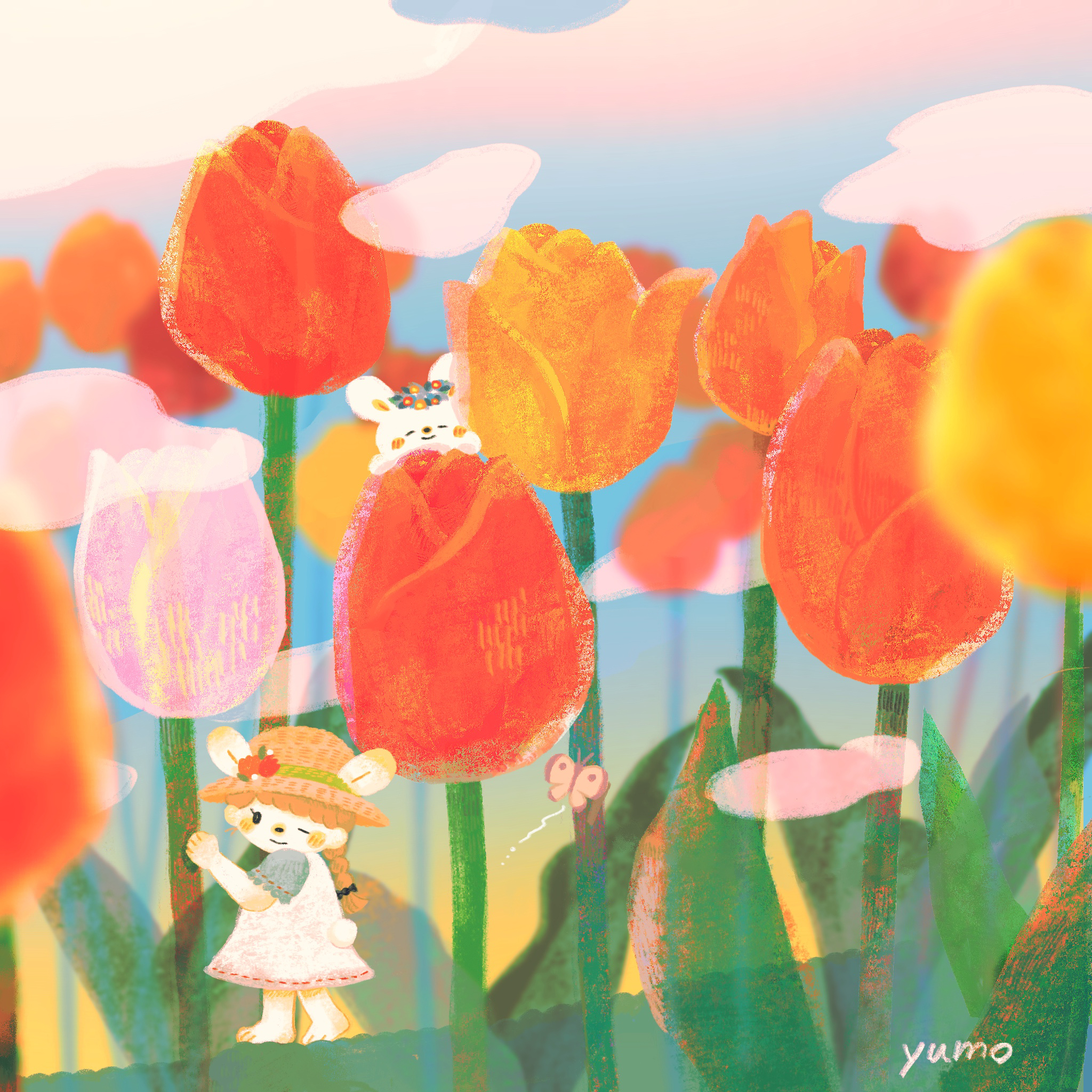 yuno (yumonoie), original, commentary request, highres, blush stickers, braid, bug, butterfly, flower, hat, head wreath, insect, leaf, one eye closed, orange flower, orange tulip, oversized flower, pink clouds, pink flower, pink tulip, signature, tulip, yellow flower, yellow tulip
