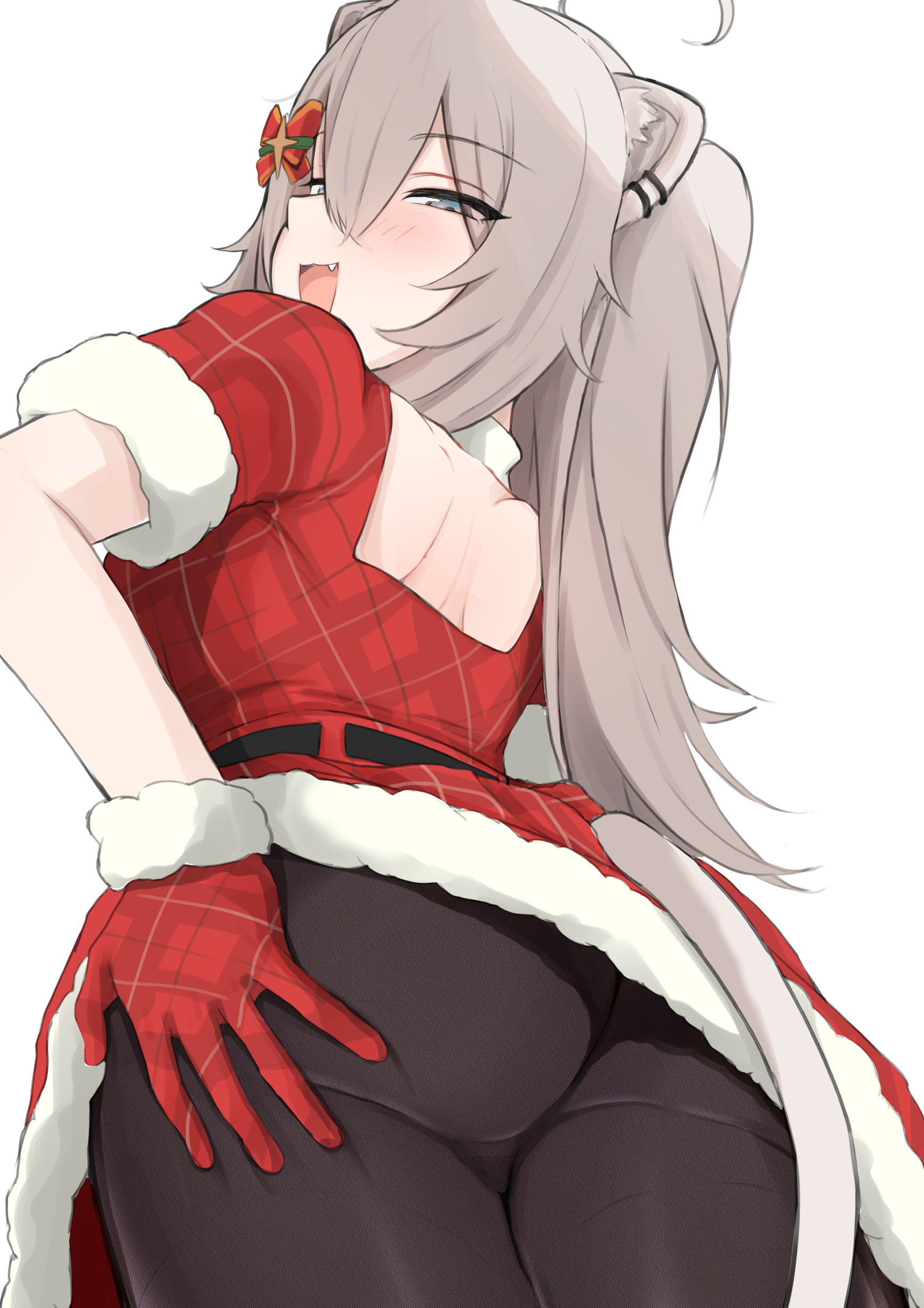maramuya, shishiro botan, hololive, absurdres, commentary request, highres, 1girl, :d, ahoge, animal ear piercing, animal ears, ass, black pantyhose, clothes lift, double-parted bangs, dress, dress lift, fang, fur-trimmed dress, fur-trimmed gloves, fur trim, gloves, grey eyes, grey hair, hair between eyes, lion ears, lion girl, lion tail, long hair, looking at viewer, looking back, open mouth, pantyhose, red dress, red gloves, santa costume, santa dress, short sleeves, simple background, smile, solo, tail, two side up, virtual youtuber, white background
