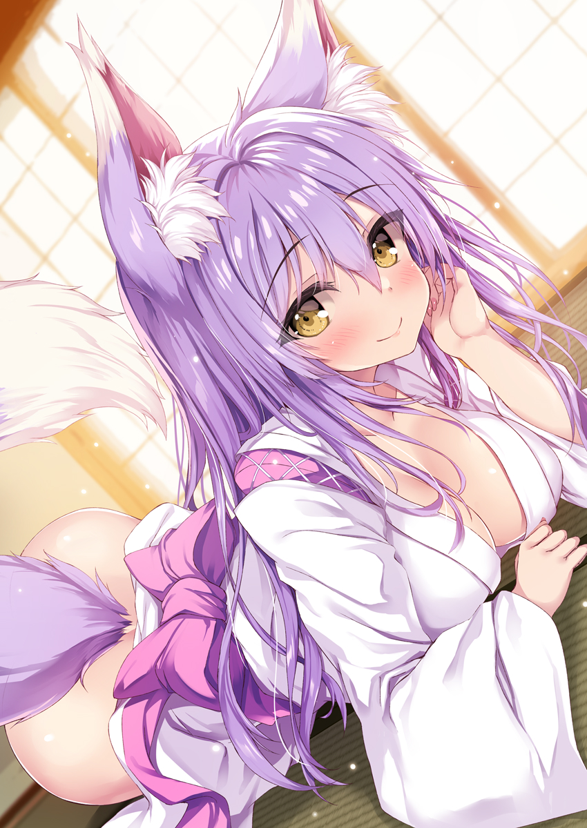 tateha (marvelous grace), original, commentary request, highres, animal ears, ass, blush, bottomless, bow, breasts, brown eyes, cleavage, closed mouth, fox ears, fox girl, fox tail, hair between eyes, hand up, japanese clothes, kimono, large breasts, long hair, long sleeves, looking at viewer, miko, on floor, pink bow, purple hair, smile, solo, tail, tatami, very long hair, white kimono, wide sleeves