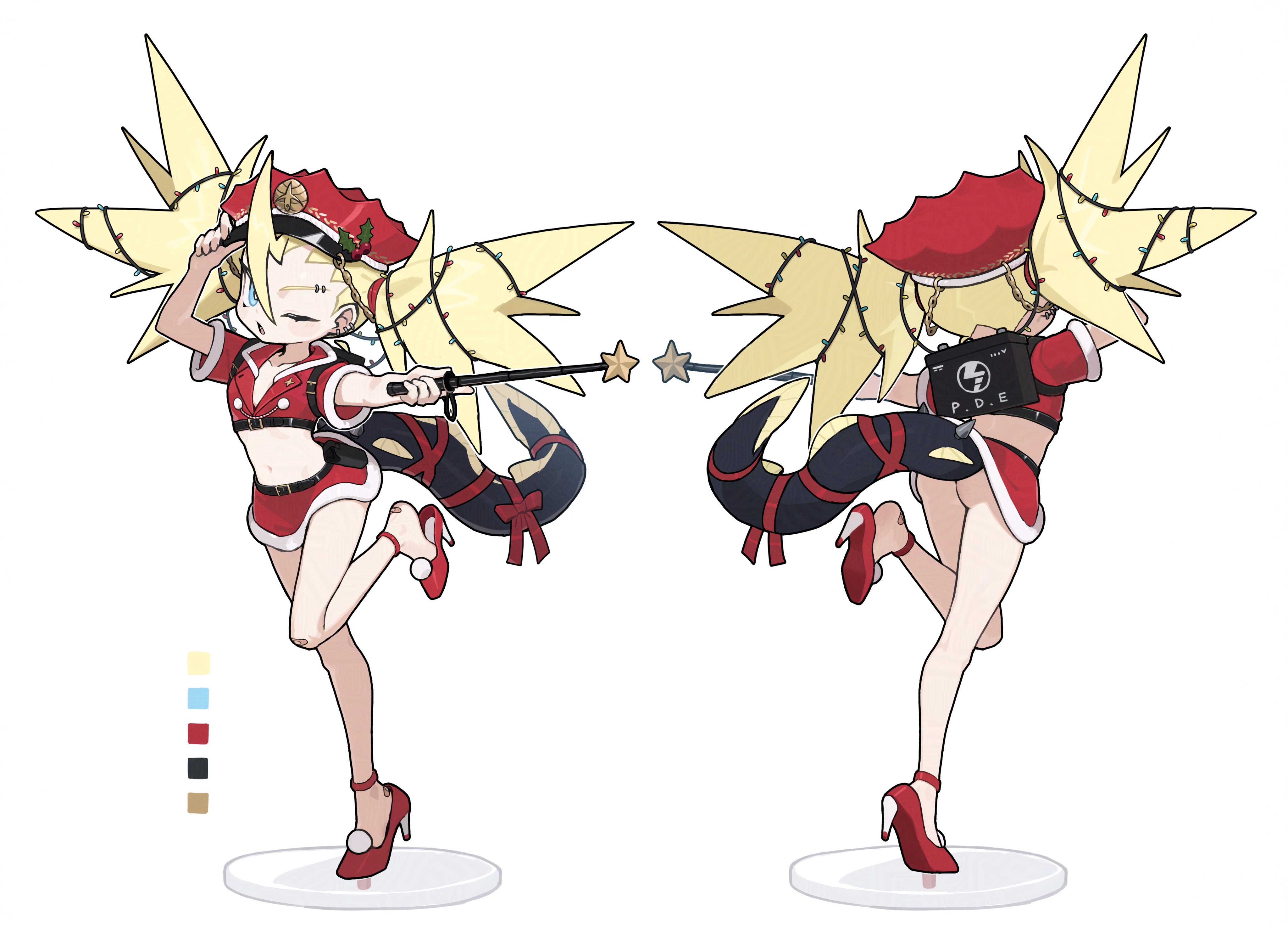 zizi niisan, original, absurdres, commentary request, highres, 1girl, ass, bandaid, bandaid on foot, bandaid on knee, bandaid on leg, baton (weapon), belt, belt pouch, black belt, blonde hair, blue eyes, chest harness, christmas lights, color guide, crop top, ear piercing, eel girl, eel tail, expandable baton, eyebrow piercing, face piercing, faux figurine, fur-trimmed shirt, fur-trimmed skirt, fur trim, hair between eyes, hand on headwear, harness, hat, high heels, holding baton (weapon), looking at viewer, miniskirt, mistletoe, multiple views, navel, one eye closed, outstretched arm, parted lips, piercing, police, police hat, police uniform, policewoman, pom pom (clothes), pouch, pumps, red hat, red ribbon, red shirt, red shoes, red skirt, ribbon, shirt, shoes, short sleeves, skirt, spiked hair, standing, standing on one leg, star (symbol), tail, tail ornament, tail ribbon, twintails, weapon, white background