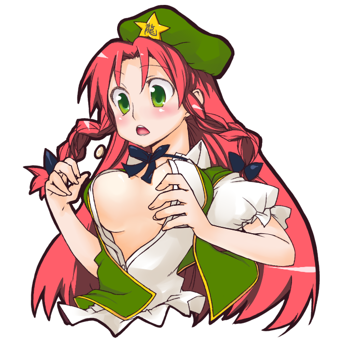 hiro (h-net), hong meiling, embodiment of scarlet devil, touhou, 1girl, blush, braid, breasts, bursting breasts, china dress, chinese clothes, dress, female focus, green eyes, hat, large breasts, long hair, popped button, red hair, simple background, solo, twin braids, upper body, white background