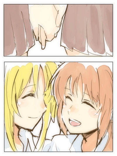 fate testarossa, takamachi nanoha, lyrical nanoha, mahou shoujo lyrical nanoha, mahou shoujo lyrical nanoha strikers, 00s, 2girls, blonde hair, comic, couple, holding hands, multiple girls, silent comic, yuri