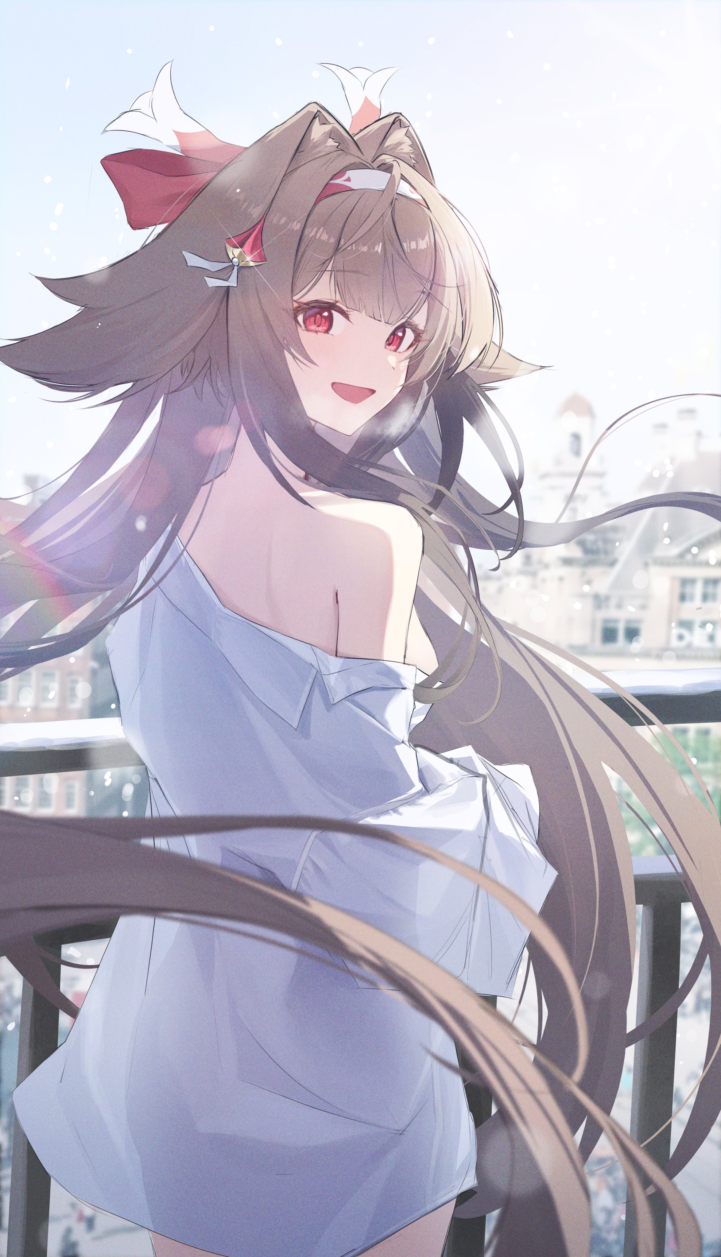 nasol, ye shunguang, zenless zone zero, absurdres, commentary request, highres, 1girl, :d, alternate costume, animal ear fluff, breasts, brown hair, from behind, hair ornament, headband, long hair, looking at viewer, medium breasts, multicolored hair, off shoulder, open mouth, red hair, shirt, smile, streaked hair, very long hair, white shirt
