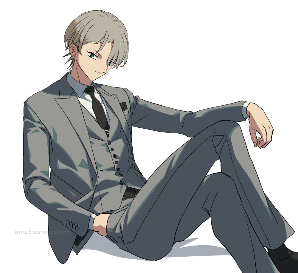 mechnmechn, original, commentary request, 1boy, artist name, black necktie, black shoes, black socks, business suit, closed mouth, collared shirt, formal clothes, green eyes, grey hair, grey jacket, grey pants, grey suit, grey vest, hair over one eye, hand in pocket, invisible chair, jacket, knees up, looking at viewer, male focus, necktie, pants, shirt, shoes, short hair, simple background, sitting, socks, solo, suit, vest, watermark, white background, white shirt