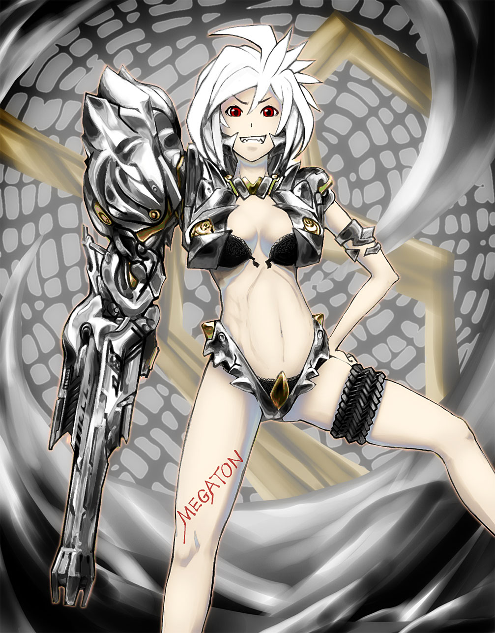 saran wrap (sf seijin), megatron, transformers, gender request, highres, 1girl, arm cannon, armor, blood, bra, breasts, cannon, cleavage, evil grin, evil smile, fangs, female focus, genderswap, grin, hand on own hip, legs, lingerie, mecha, mecha musume, midriff, navel, panties, personification, red eyes, robot, sharp teeth, short hair, smile, solo, teeth, thigh strap, typo, underwear, weapon, white hair