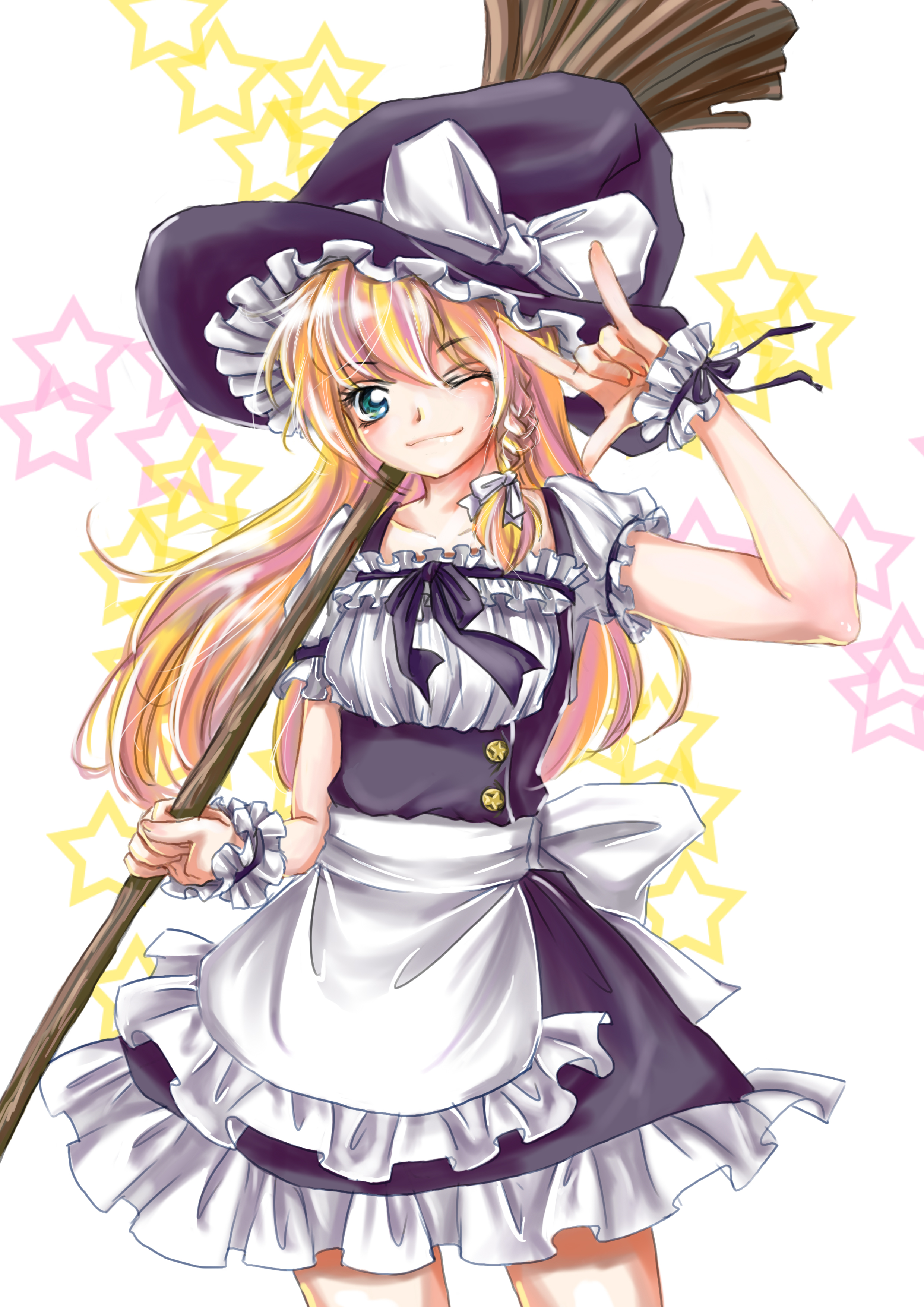 hikarumiao, kirisame marisa, touhou, absurdres, highres, 1girl, aqua eyes, blonde hair, blue eyes, braid, broom, buttons, female focus, hat, long hair, m/, multicolored hair, one eye closed, pink hair, smile, solo, star (symbol), star symbol background, wink, witch, witch hat, wrist cuffs