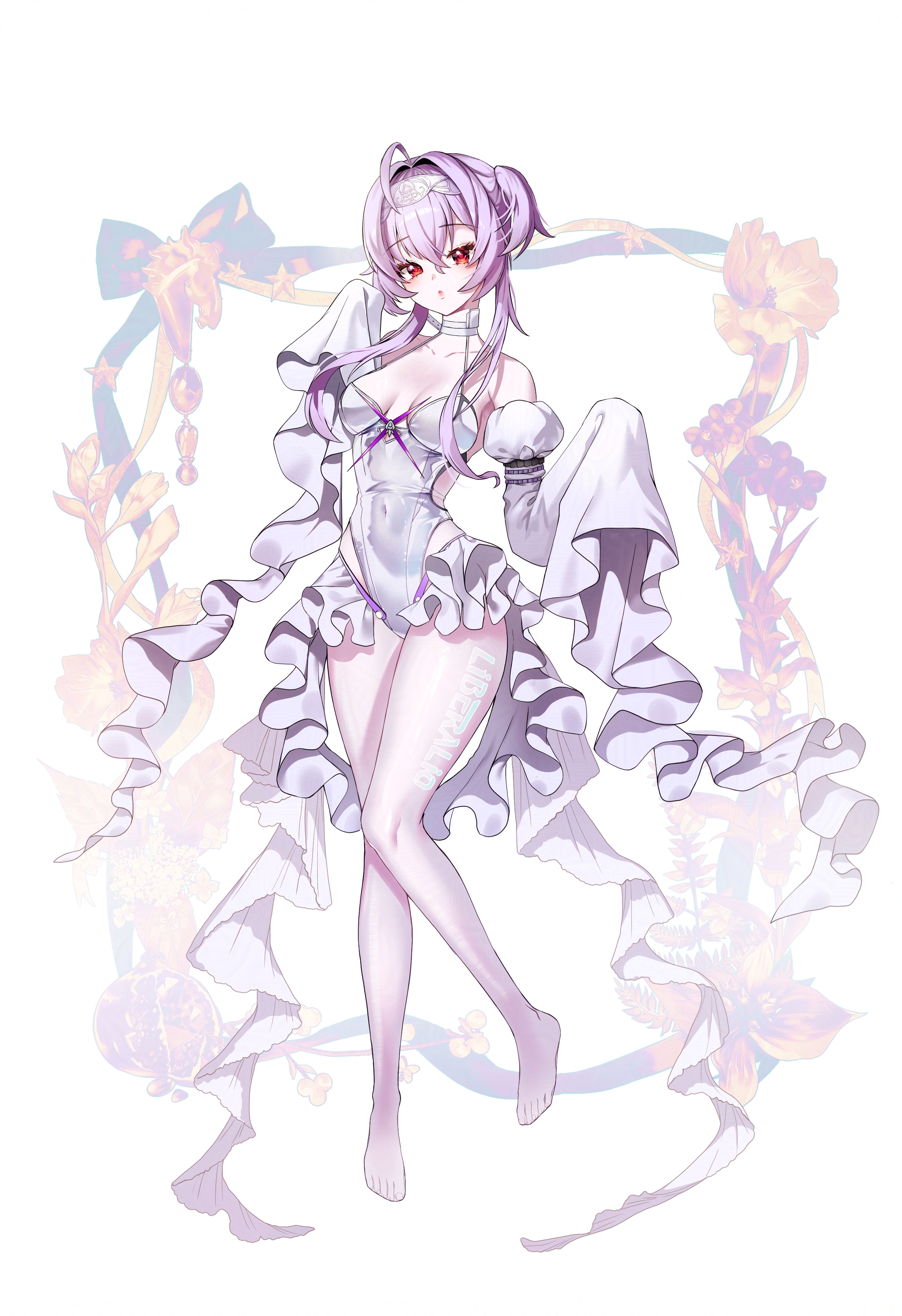 tempy (rinsia), liberalio (nikke), goddess of victory: nikke, absurdres, commentary, english commentary, highres, 1girl, ahoge, bare shoulders, barefoot, breasts, collarbone, covered navel, detached sleeves, floral background, hair between eyes, hairband, juliet sleeves, knees together feet apart, leotard, long hair, long sleeves, looking at viewer, medium breasts, one side up, parted lips, puffy sleeves, purple eyes, red eyes, sleeves past fingers, sleeves past wrists, solo, very long hair, white background, white hairband, white leotard, white sleeves