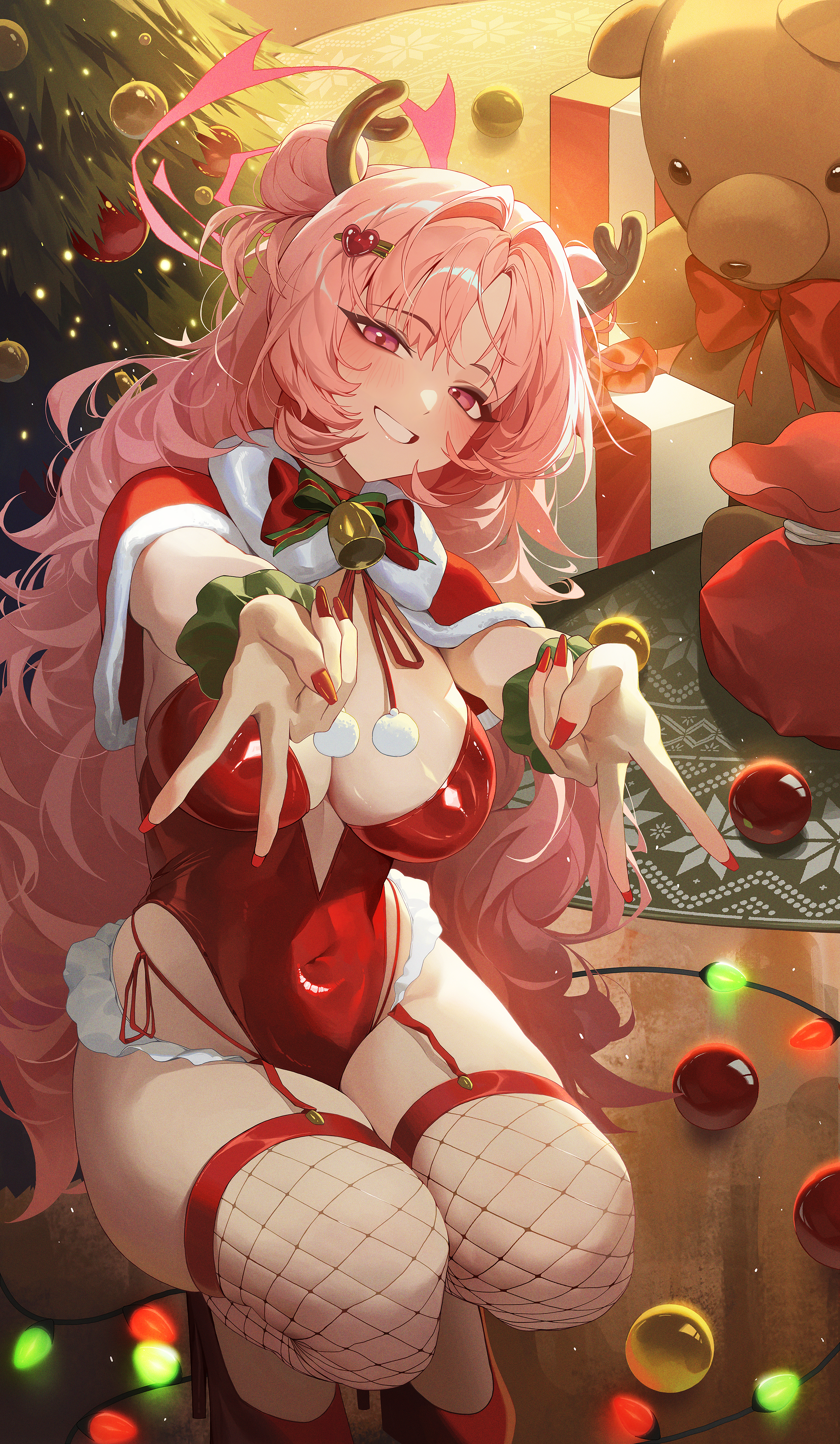 ninebell, kirara (blue archive), blue archive, absurdres, commentary request, highres, 1girl, antlers, bell, blush, bow, breasts, christmas, christmas lights, christmas ornaments, christmas tree, cleavage, covered navel, double bun, double v, fishnets, fur shawl, garter straps, gift, grin, hair bun, hair ornament, hairpin, high heels, horns, leotard, long hair, looking at viewer, medium breasts, pink eyes, pink hair, red bow, red leotard, red nails, red shawl, red shoes, reindeer antlers, scrunchie, shawl, shoes, smile, solo, squatting, stuffed animal, stuffed toy, teddy bear, v, wrist scrunchie