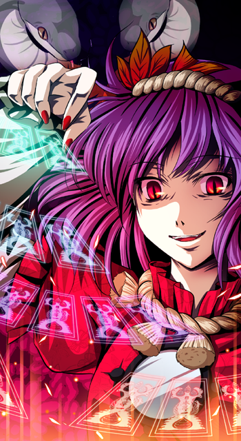 cetera, yasaka kanako, touhou, 1girl, danmaku, female focus, hair ornament, leaf hair ornament, mirror, nail polish, purple hair, red eyes, red nails, rope, slit pupils, snake, solo