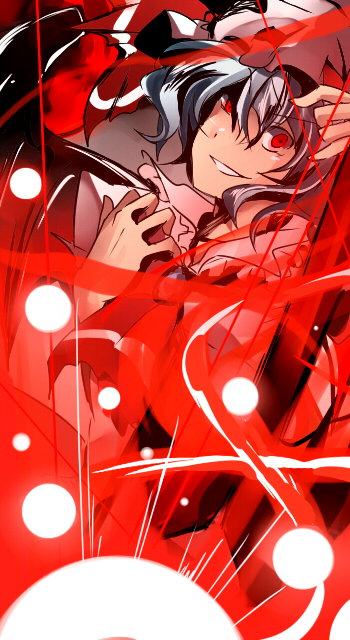 matsurizaki, remilia scarlet, touhou, bad id, bad pixiv id, 1girl, blue hair, danmaku, female focus, grin, hat, mob cap, red eyes, short hair, smile, solo