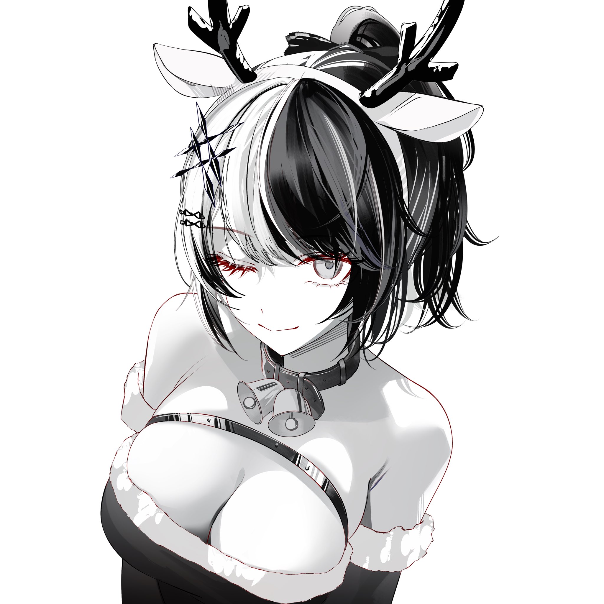 zakimpo, shiori novella, hololive, hololive english, commentary, commission, english commentary, highres, second-party source, 1girl, ;), alternate costume, animal ears, antlers, bare shoulders, bell, belt collar, breasts, chest belt, cleavage, closed mouth, collar, deer ears, fake animal ears, fake antlers, fur trim, greyscale, hair ornament, hairband, hairclip, horns, large breasts, looking at viewer, monochrome, multicolored hair, neck bell, one eye closed, ponytail, reindeer antlers, simple background, smile, solo, split-color hair, two-tone hair, upper body, virtual youtuber