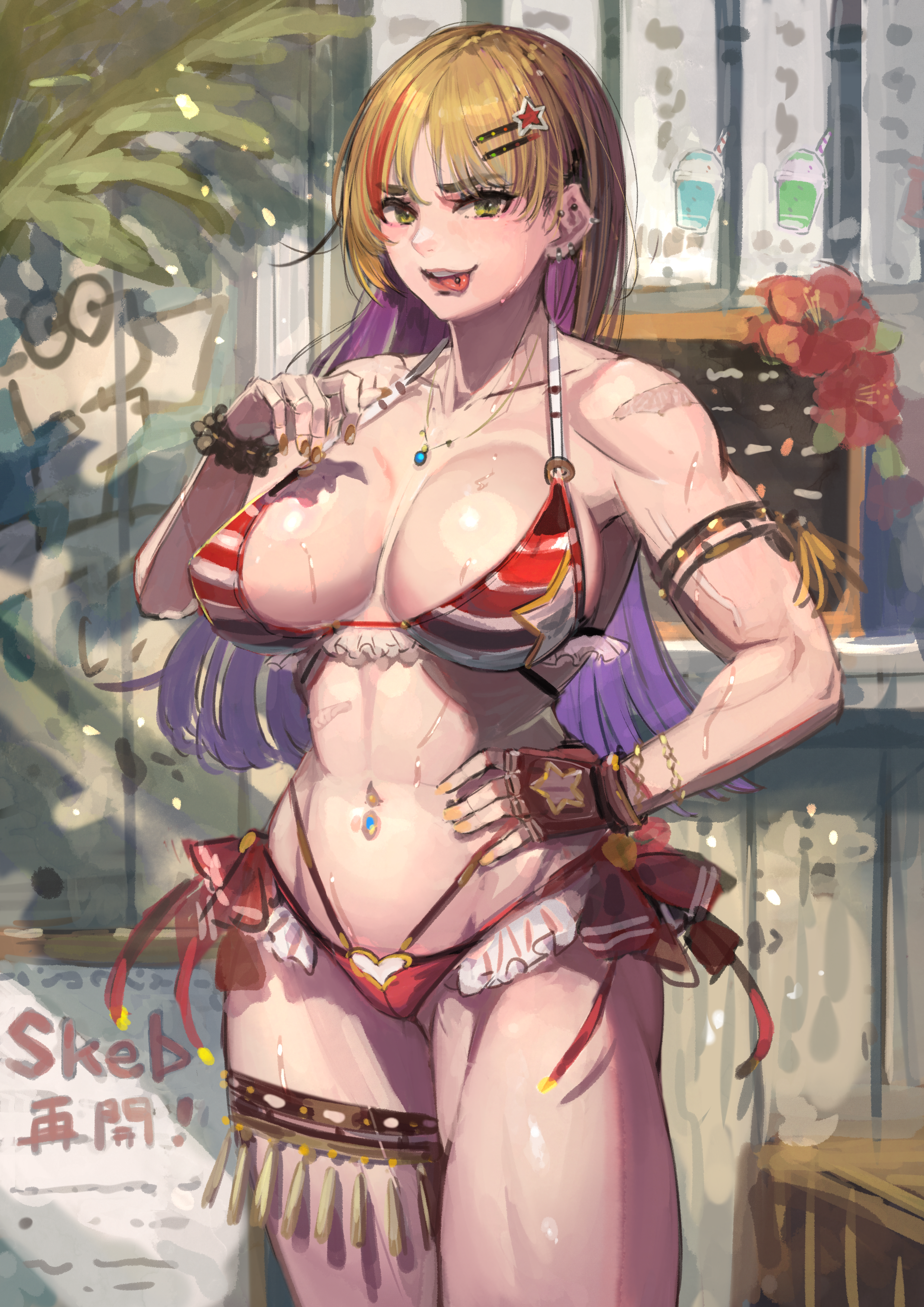 original, highres, 1girl, bikini, blonde hair, breasts, fingerless gloves, gloves, green eyes, hand on own chest, hand on own hip, large breasts, licking lips, long hair, looking at viewer, navel piercing, piercing, pink lips, red bikini, smile, solo, swimsuit, toned, tongue, tongue out, tongue piercing