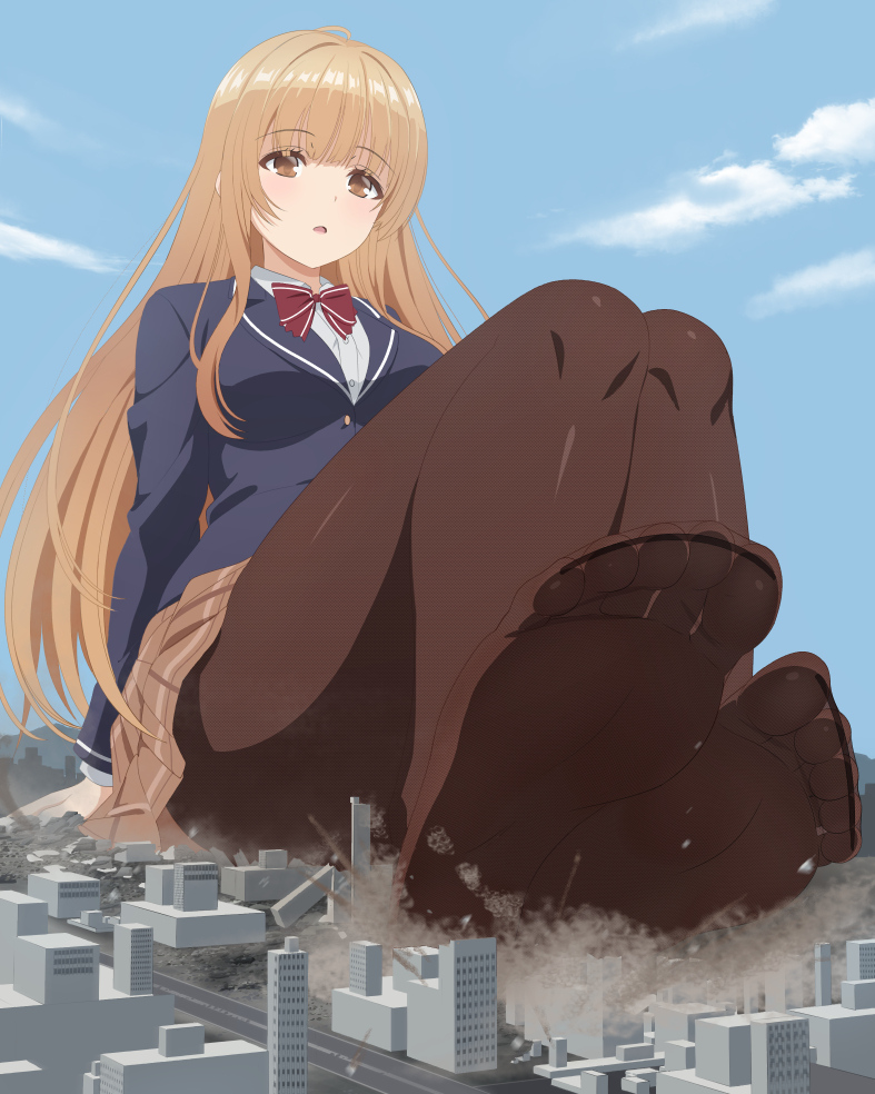 zorzero, shiina mahiru (otonari no tenshi-sama), otonari no tenshi-sama ni itsu no mani ka dame ningen ni sarete ita ken, 1girl, blonde hair, blush, breasts, feet, giant, giantess, long hair, open mouth, pantyhose, skirt, solo, toes