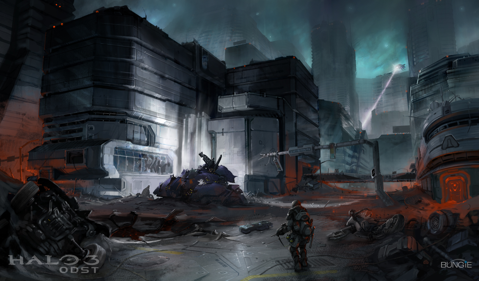 odst, phantom (halo), the rookie, halo (game), halo (series), halo 3: odst, vehicle, highres, official art, 1other, after battle, assault rifle, battle, battle rifle, blood, city, cloud, corpse, gun, military, military vehicle, mongoose (halo), motor vehicle, motorcycle, new mombasa, night, outdoors, rifle, rubble, sky, soldier, solo, spartan laser, tank, warthog (halo), watermark, weapon, wraith (halo)