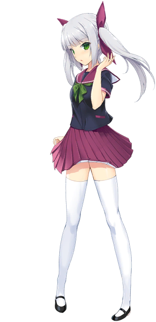 onigirikun, fm77 (escalayer), choukou (alicesoft), choukou taisen escalation heroines, choukou tenshi escalayer, official art, third-party source, 1girl, full body, green eyes, hair ribbon, long hair, looking at viewer, mary janes, pleated skirt, ribbon, school uniform, serafuku, shoes, skirt, solo, tachi-e, thighhighs, transparent background, twintails, white hair, white thighhighs, zettai ryouiki