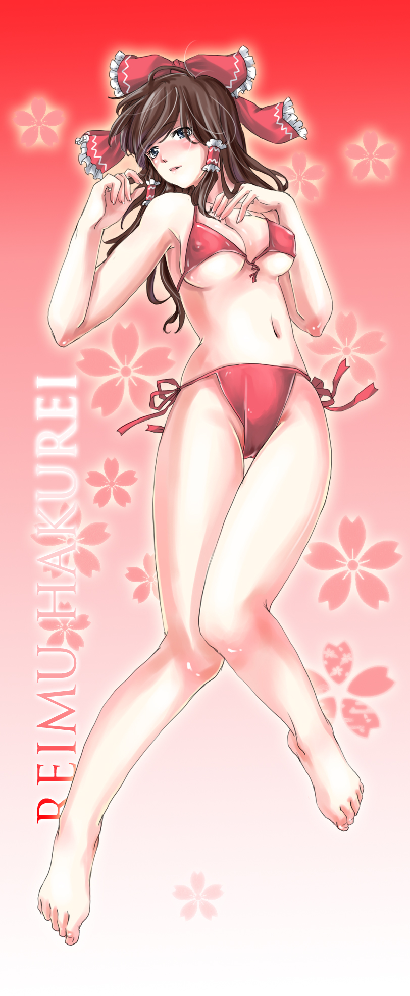 hikarumiao, hakurei reimu, touhou, untied, highres, 1girl, armpits, barefoot, bikini, blush, bow, breasts, brown hair, character name, feet, female focus, front-tie top, grey eyes, hair bow, large breasts, legs, long hair, navel, red bikini, side-tie bikini bottom, solo, swimsuit, underboob