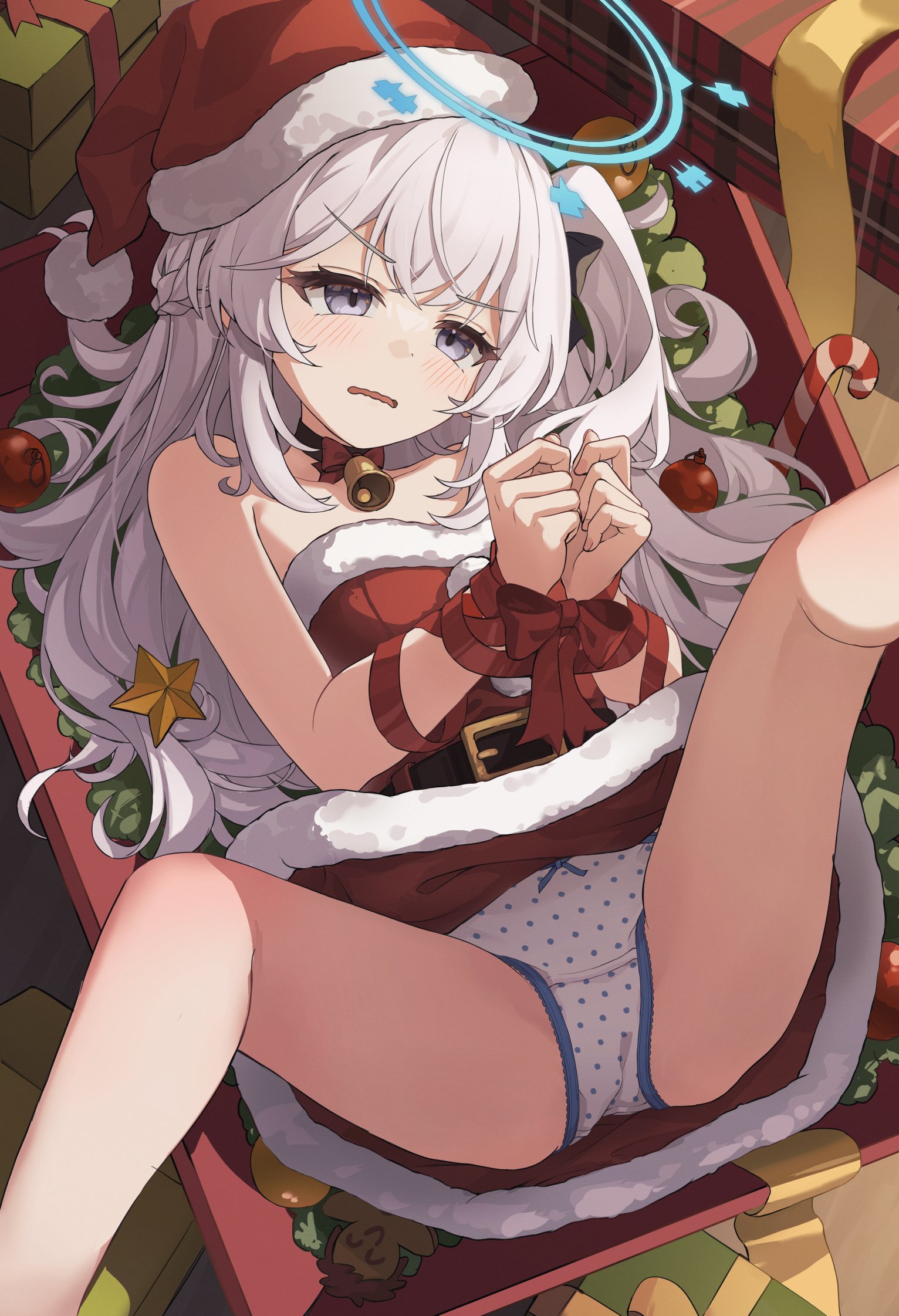 ripnte, miyako (blue archive), miyako (young) (blue archive), blue archive, commentary request, highres, 1girl, alternate costume, bell, blue halo, blush, bound, box, christmas, dress, gift, halo, hat, long hair, neck bell, panties, polka dot, polka dot panties, santa costume, santa hat, solo, underwear, white panties