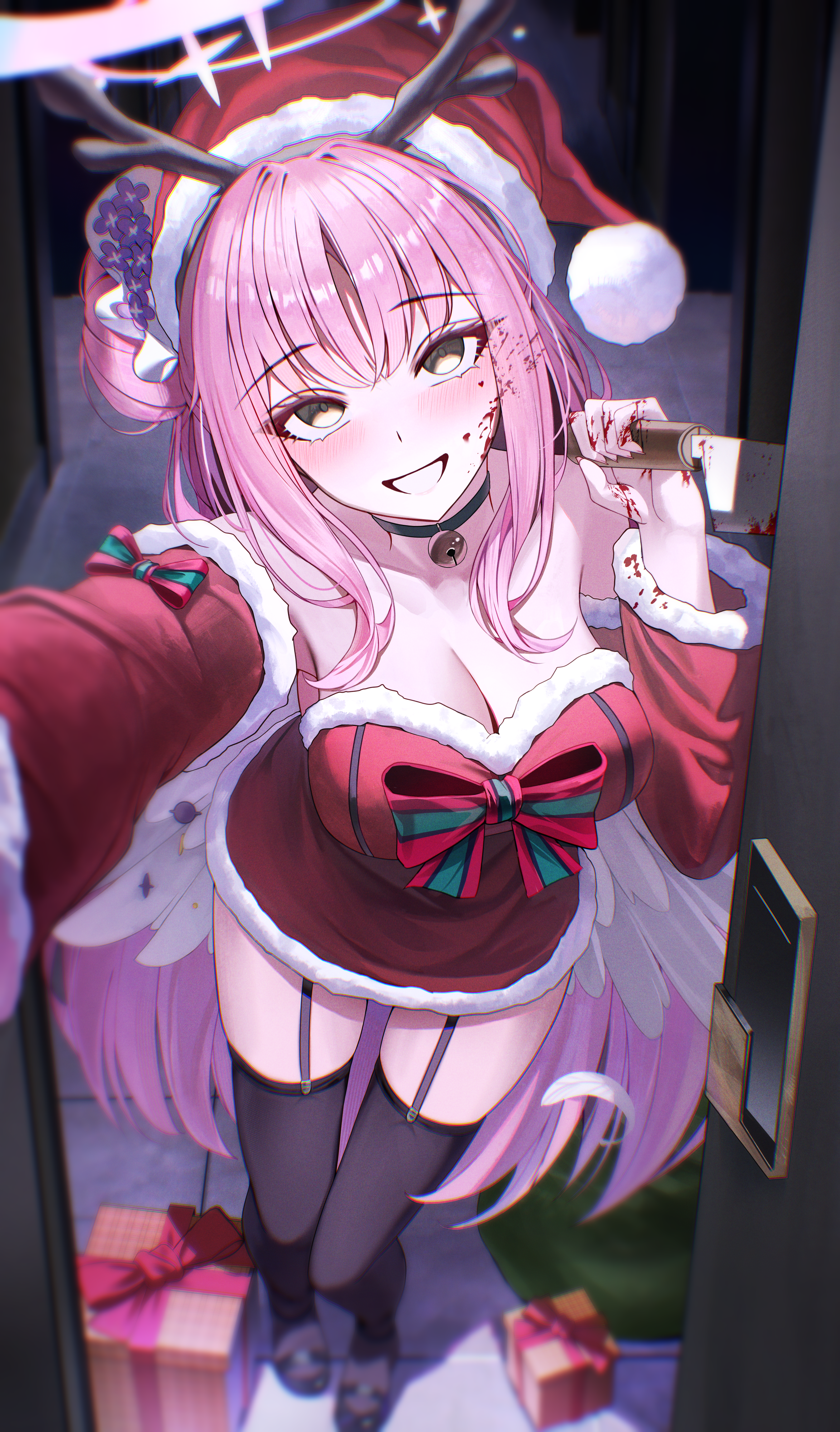 arch a4, mika (blue archive), blue archive, absurdres, commentary request, highres, 1girl, alternate costume, armpits, bell, black choker, black garter straps, black thighhighs, blood, blood in hair, blood on clothes, blood on face, blood on hands, blush, box, breasts, choker, cleavage, crazy smile, detached sleeves, doorway, dress, empty eyes, garter straps, gift, gift box, hair bun, halo, hat, heart, holding, holding knife, kitchen knife, knife, large breasts, long hair, looking at viewer, neck bell, pink hair, pov, pov doorway, red dress, reverse grip, santa costume, santa hat, single side bun, smile, solo, strapless, strapless dress, thighhighs, very long hair, yandere, zettai ryouiki