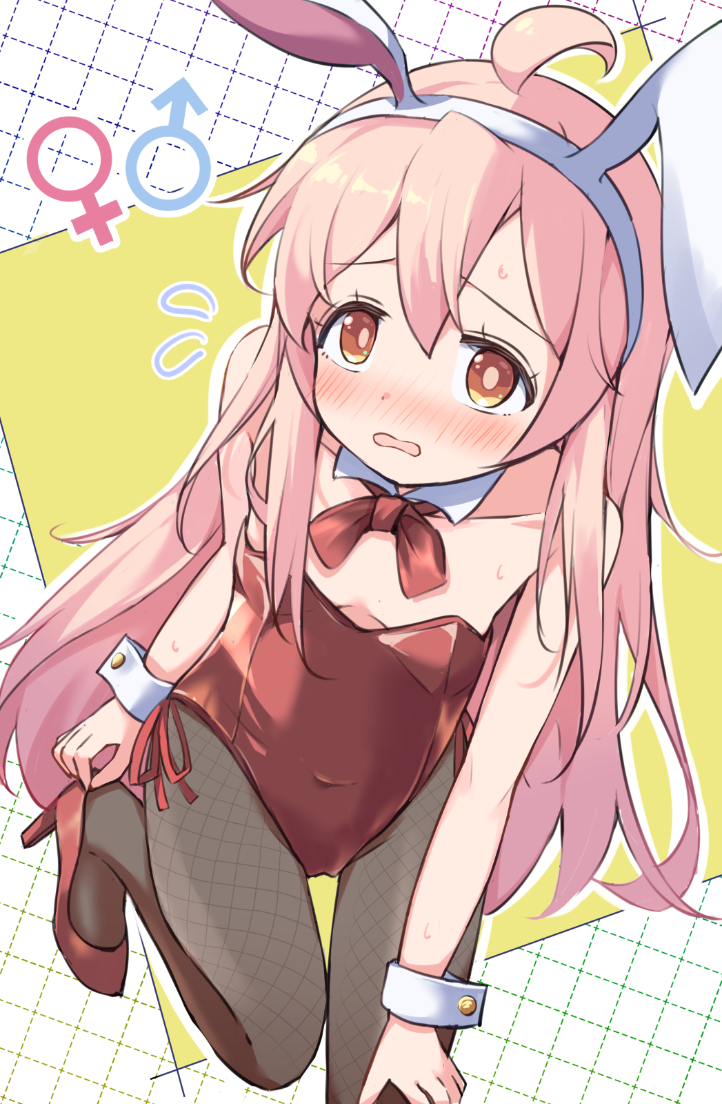 kazura, oyama mahiro, onii-chan wa oshimai!, commentary request, highres, tagme, 1girl, ahoge, animal ears, blush, bow, bowtie, detached collar, fake animal ears, high heels, leotard, long hair, pantyhose, pink hair, playboy bunny, rabbit ears, red leotard, solo, venus symbol, wrist cuffs