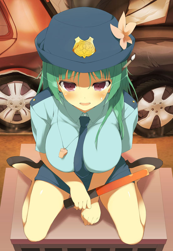 bashou (senran kagura), senran kagura, senran kagura new wave, non-web source, 1girl, accident, baton (weapon), black shoes, blue necktie, blue shirt, blunt tresses, blush, breasts, car, car crash, female service cap, flower, green hair, hair ornament, hat, hat flower, high heels, large breasts, long hair, looking at viewer, motor vehicle, necktie, open mouth, paintbrush hair ornament, pencil skirt, pink flower, police, police badge, police hat, police uniform, policewoman, purple eyes, shiny skin, shirt, shoes, sitting, skirt, solo, wariza, weapon, whistle, whistle around neck, wreckage