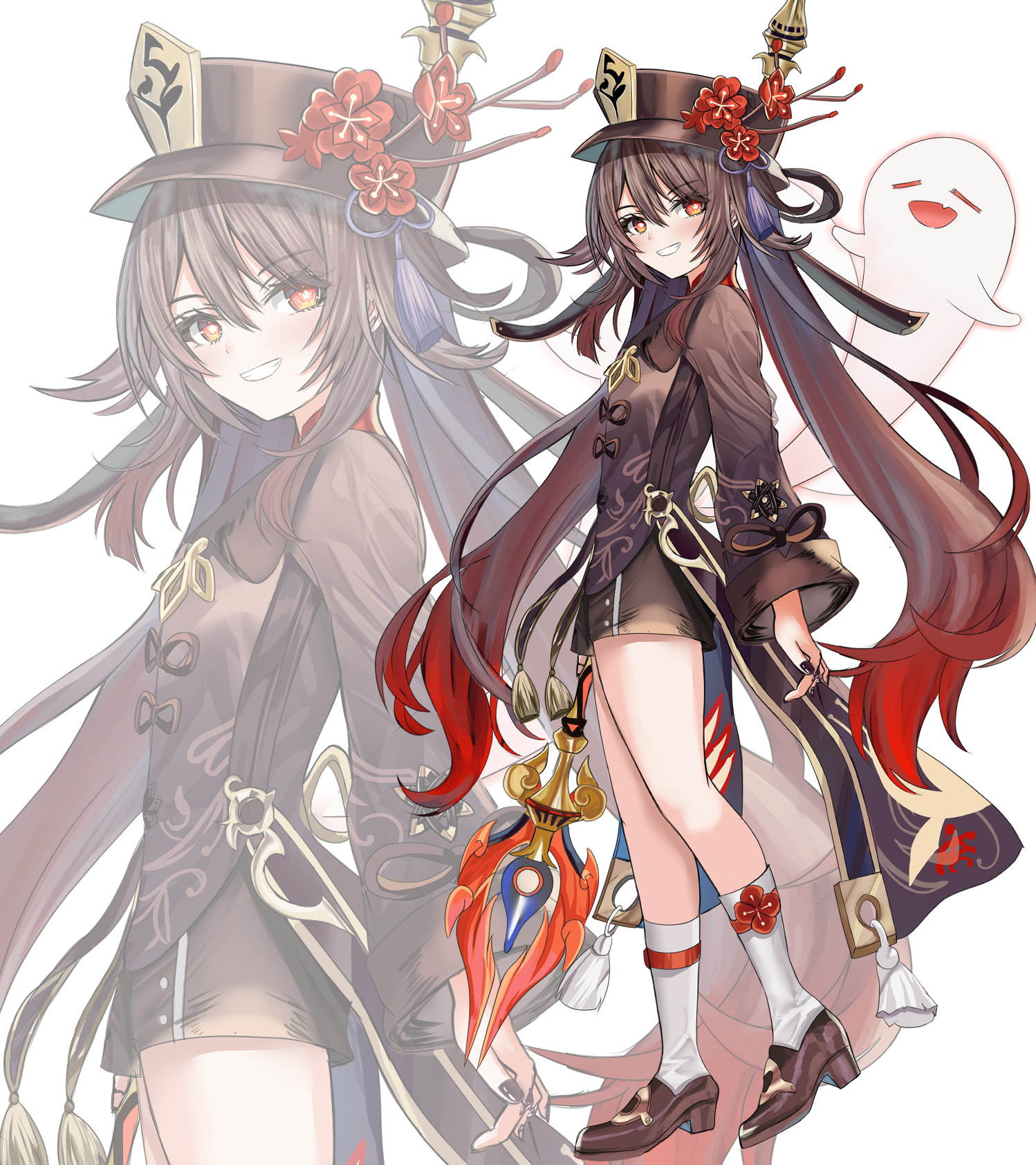 mitsu336, boo tao (genshin impact), hu tao (genshin impact), genshin impact, commentary request, highres, 1girl, black coat, black hat, black nails, brown hair, brown shoes, chinese clothes, coat, flower, flower-shaped pupils, from side, full body, ghost, gradient hair, grin, hair between eyes, hat, hat flower, holding, holding polearm, holding weapon, long hair, long sleeves, looking at viewer, low twintails, multicolored hair, nail polish, polearm, porkpie hat, red eyes, red flower, red hair, shoes, shorts, simple background, smile, socks, solo, staff of homa (genshin impact), symbol-shaped pupils, twintails, very long hair, weapon, white background, white socks, zoom layer