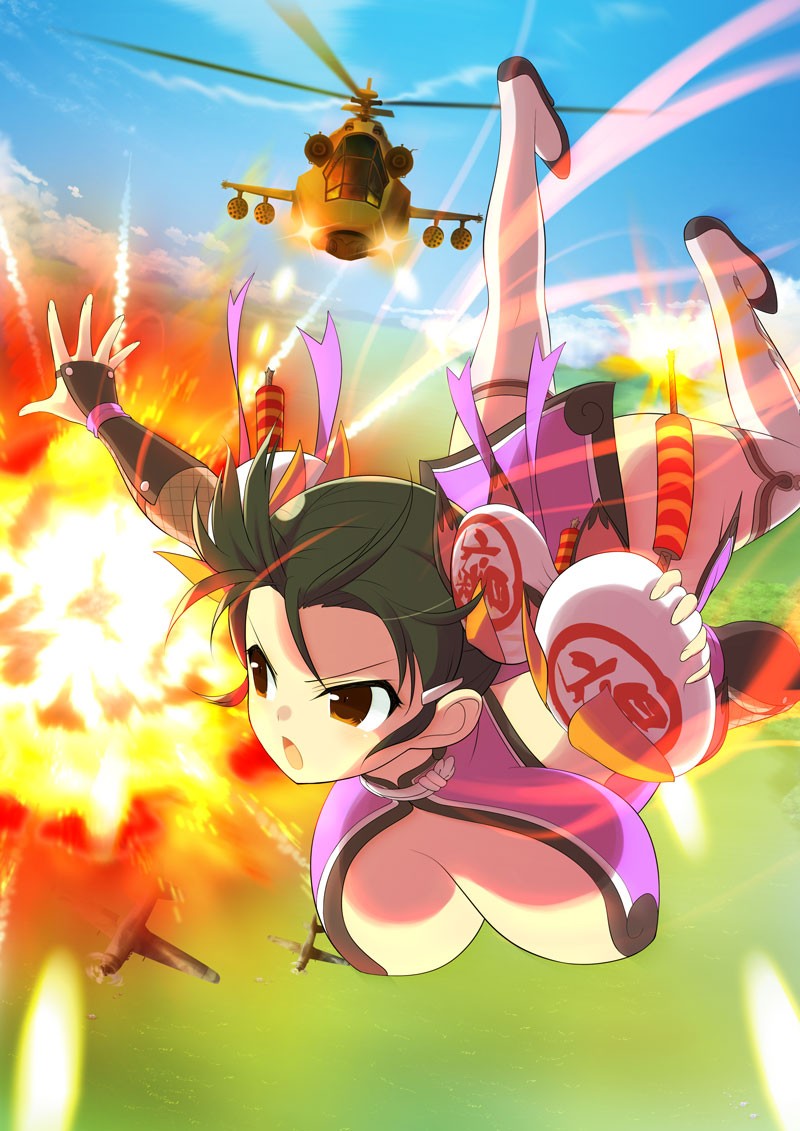 meimei (senran kagura), senran kagura, senran kagura new wave, official art, third-party source, vehicle request, 1girl, aerial battle, aircraft, airplane, armor, attack helicopter, battle, black hair, blue sky, blush, bomb, breasts, bullet, bun (food), chinese clothes, cleavage, cloud, day, double bun, explosion, explosive, falling, fighter jet, fighting, firecrackers, firing, fishnet gloves, fishnets, flying, food, fuse, gloves, gun, hair bun, hair ornament, helicopter, holding, holding bomb, japanese armor, kote, kurokote, large breasts, lit fuse, military, military vehicle, open mouth, orange eyes, outdoors, propeller, propeller fighter, purple ribbon, ribbon, short hair, sky, solo, steamed bun, thighhighs, v-shaped eyebrows, weapon, white thighhighs
