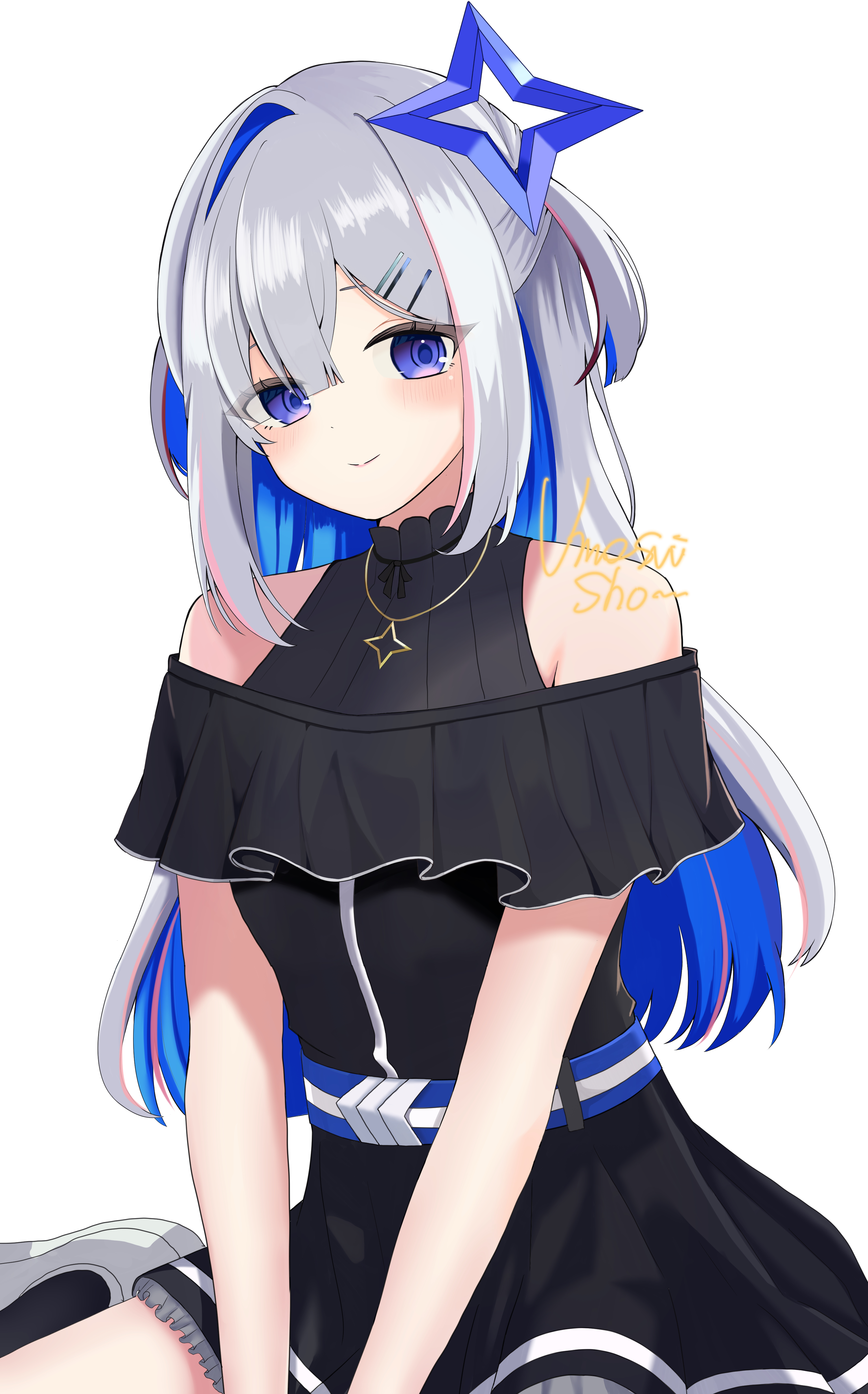 amane kanata, amane kanata (work), hololive, absurdres, commentary request, highres, 1girl, asymmetrical bangs, asymmetrical hair, bare shoulders, black dress, black gloves, black ribbon, blue hair, blush, bow, chanumi293, choker, closed mouth, colored inner hair, company name, dress, feathered wings, frilled dress, frills, gloves, gradient wings, grey hair, hair between eyes, hair bow, hair ornament, hair over one eye, hairclip, halo, jewelry, long hair, looking at viewer, multicolored hair, multicolored wings, necklace, official alternate costume, official alternate hair length, official alternate hairstyle, pink hair, pleated dress, purple eyes, ribbon, ribbon choker, single hair intake, sleeveless, sleeveless dress, smile, solo, star (symbol), star halo, star necklace, streaked hair, two side up, virtual youtuber, wings