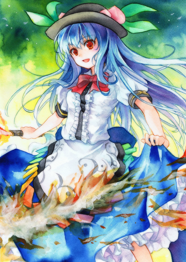 geroro, hinanawi tenshi, touhou, bad id, bad pixiv id, painting (medium), traditional media, watercolor (medium), 1girl, female focus, food, fruit, hat, long hair, long skirt, open mouth, peach, red eyes, short sleeves, skirt, solo, sword, sword of hisou, very long hair, weapon