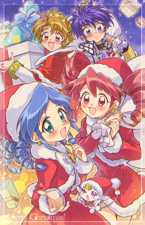 suzuki (2red moon3), bright (futagohime), fine (futagohime), rein (futagohime), shade (futagohime), fushigiboshi no futago hime, commentary, english commentary, 2boys, 2girls, :d, :o, ahoge, black coat, blonde hair, blue background, blue eyes, blue hair, blush, blush stickers, border, bow, box, capelet, chest bow, christmas, cloak, closed mouth, coat, crest, crown, cupping hand, curtained hair, dress, drill hair, earrings, fairy, fur-trimmed capelet, fur-trimmed cloak, fur-trimmed dress, fur-trimmed sleeves, fur trim, gem, gift, gift box, green eyes, green gem, grey capelet, hair between eyes, hair ornament, hat, holding, holding box, holding gift, holding sack, jeweled crown, jewelry, long hair, long sleeves, looking at viewer, magical girl, merry christmas, multicolored coat, multiple boys, multiple girls, necklace, open hand, open mouth, orange background, orange eyes, pointy ears, pom pom (clothes), prince, pumo (futagohime), purple eyes, reaching, reaching towards viewer, red capelet, red cloak, red dress, red eyes, red hair, red hat, ringlets, sack, sack behind back, santa costume, santa dress, santa hat, siblings, sisters, sleeve cuffs, smile, spiked hair, star (symbol), star earrings, star hair ornament, tail, turtleneck coat, twin drills, twins, two-tone background, two-tone coat, upper body, white bow, white coat, yellow coat