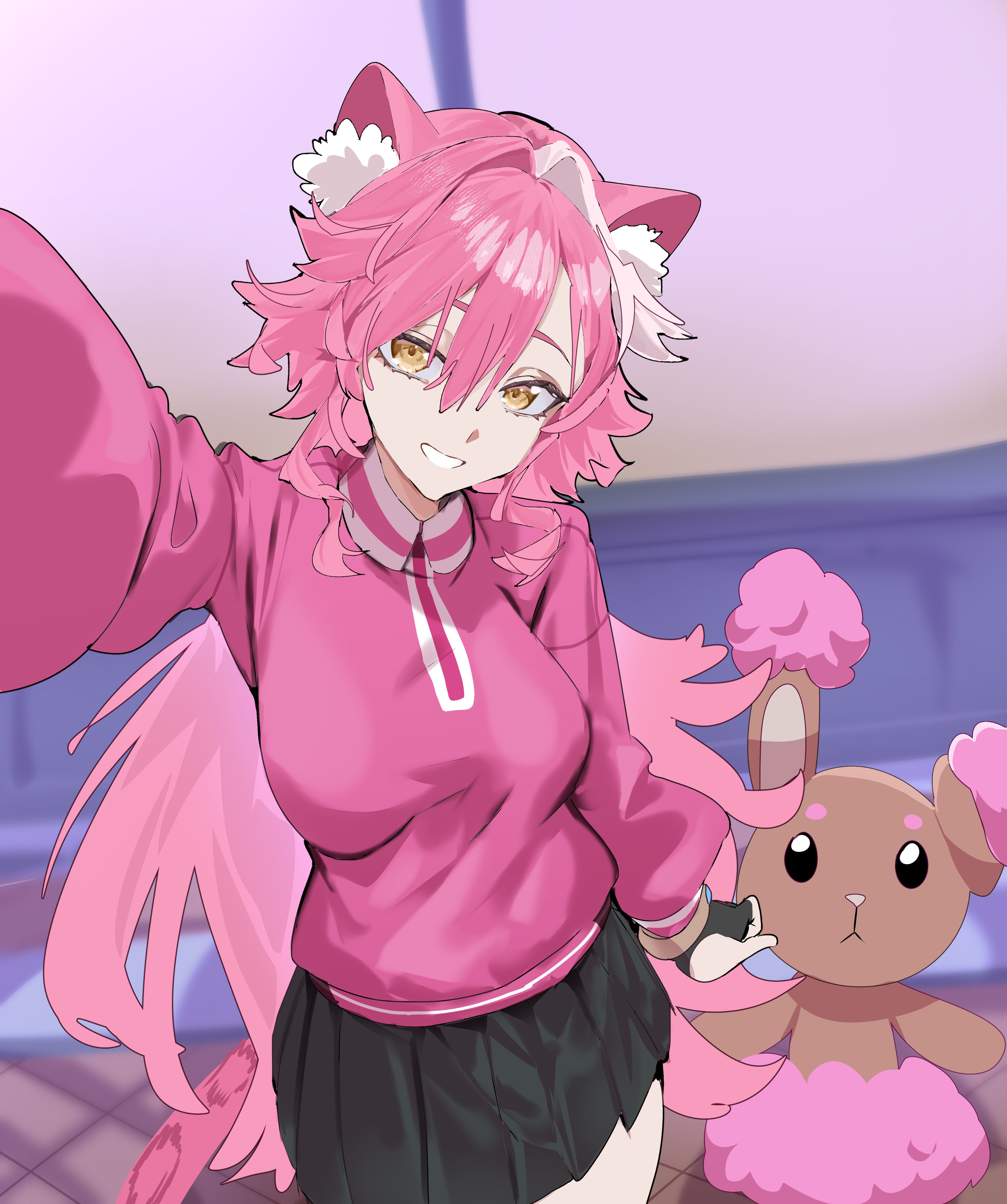 daaku (koizumi arata), buneary, raora panthera, hololive, hololive english, nintendo, pokemon, absurdres, commentary, english commentary, highres, 1girl, alternate color, animal ear fluff, animal ears, black gloves, black skirt, blurry, blurry background, fingerless gloves, gen 4 pokemon, gloves, grin, hair between eyes, long hair, long sleeves, looking at viewer, panther ears, panther girl, panther tail, pink hair, pink sweater, pleated skirt, selfie, shiny pokemon, skirt, smile, solo, sweater, tail, virtual youtuber, white streaks, yellow eyes