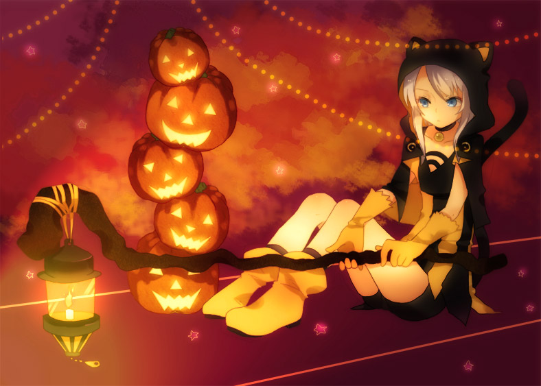 koucha, yoshitomo (koucha), original, blue eyes, gloves, halloween, jack-o'-lantern, pumpkin, solo, staff, white hair