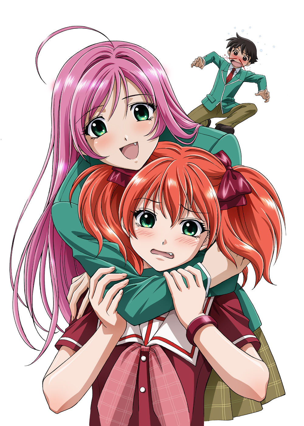 akashiya moka, aono tsukune, shuzen kokoa, rosario+vampire, highres, 00s, 1boy, 2girls, ahoge, blood, fang, green eyes, green shirt, long hair, multiple girls, nosebleed, open mouth, pink hair, shirt, twintails