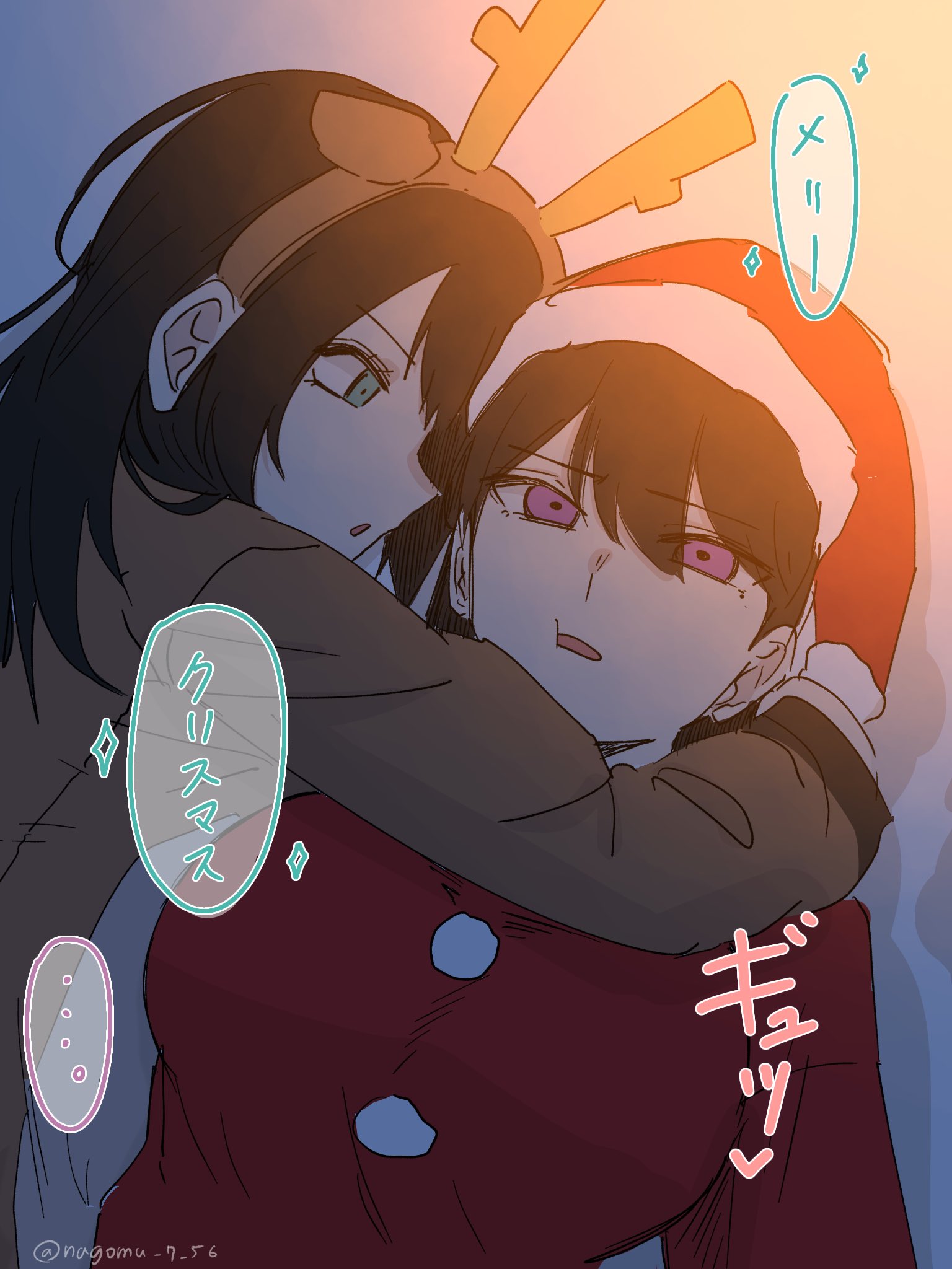 nagomu 7 56, shiina taki, yahata umiri, bang dream!, bang dream! it's mygo!!!!!, highres, translated, 2girls, animal ears, black hair, breasts, brown shirt, fake animal ears, hair between eyes, hug, large breasts, long hair, long sleeves, multiple girls, red shirt, shirt, yuri