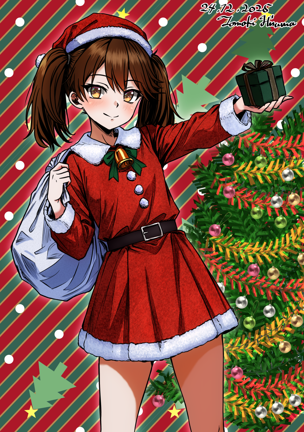 hisama tomoki, ryuujou (kancolle), kantai collection, commentary request, highres, 1girl, bell, belt, black belt, box, brown eyes, brown hair, christmas, cowboy shot, dress, fur-trimmed dress, fur-trimmed headwear, fur trim, gift, gift box, hat, holding, holding gift, holding sack, long hair, long sleeves, looking at viewer, merry christmas, neck bell, one-hour drawing challenge, red dress, red hat, sack, santa costume, santa dress, santa hat, smile, solo, twintails, two-tone background