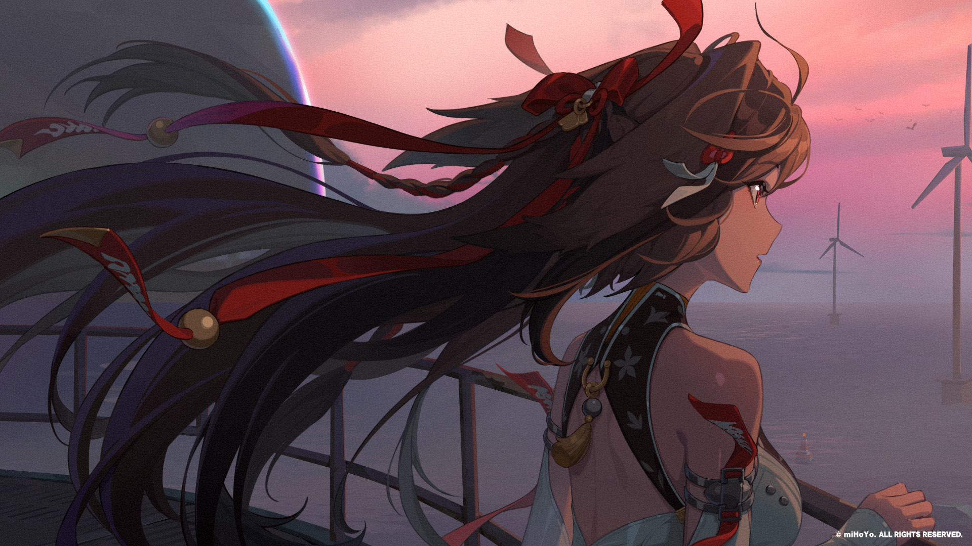 ye shunguang, zenless zone zero, highres, official art, 1girl, animal ears, brown hair, copyright notice, dusk, facing away, floating hair, gradient sky, hair ornament, hair ribbon, long hair, red eyes, ribbon, simple bird, sky, solo