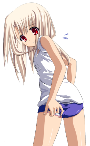 saya (temporubato), temporubato, illyasviel von einzbern, fate/stay night, fate (series), lowres, 00s, 1girl, blonde hair, buruma, female focus, flat chest, gym uniform, lingerie, loli, long hair, panties, red eyes, solo, underwear