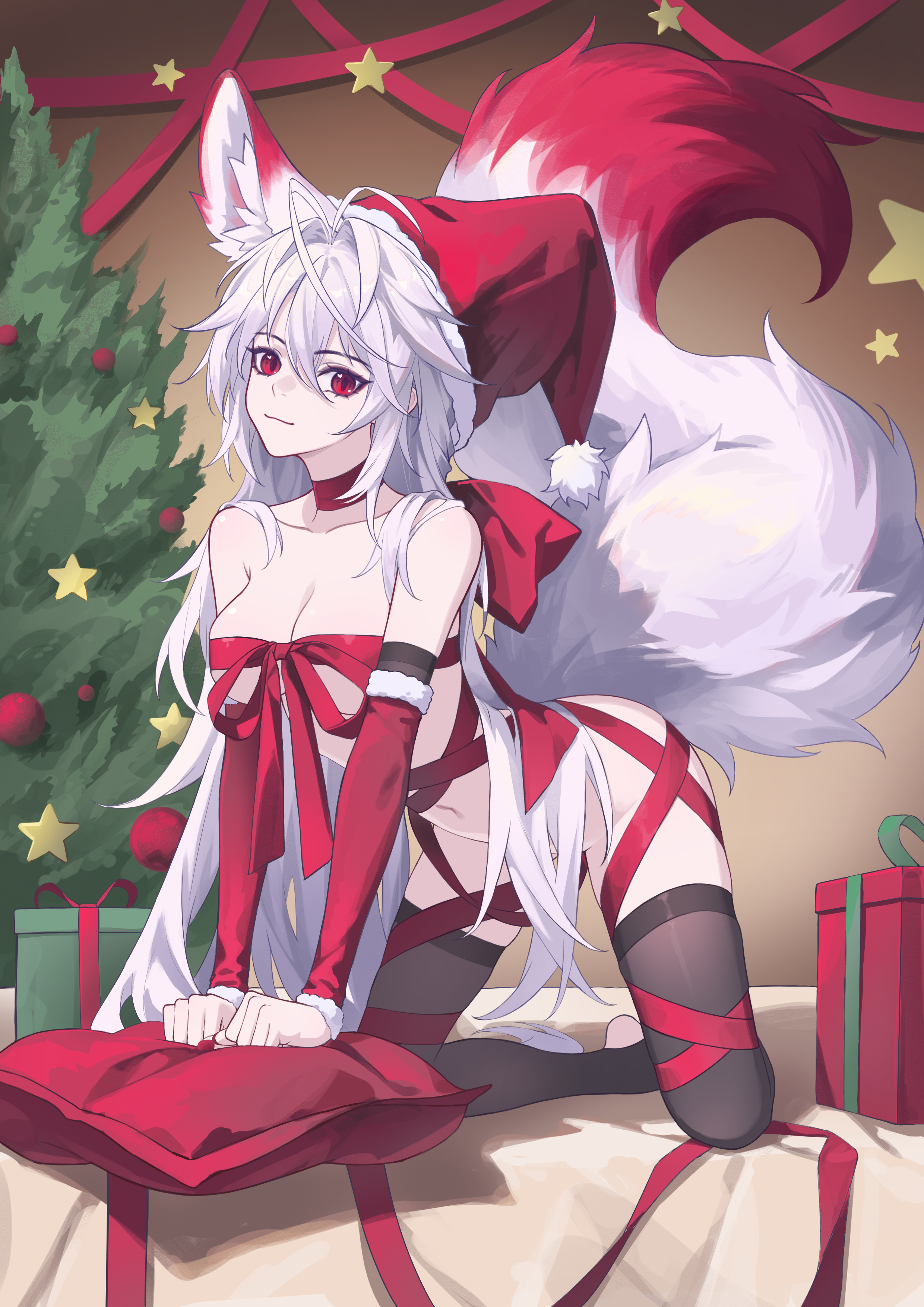 meng xi xuan, original, absurdres, commentary request, highres, 1girl, all fours, animal ears, black thighhighs, box, breasts, christmas tree, closed mouth, collarbone, convenient hair, extra ears, fox ears, fox girl, fox tail, gift, gift box, hair between eyes, hair intakes, hat, kneeling, long hair, looking at viewer, luo shun yao, medium breasts, naked ribbon, navel, on bed, red eyes, ribbon, santa hat, sidelocks, smile, solo, stirrup legwear, stomach, tail, thighhighs, thighs, toeless legwear, very long hair, white hair