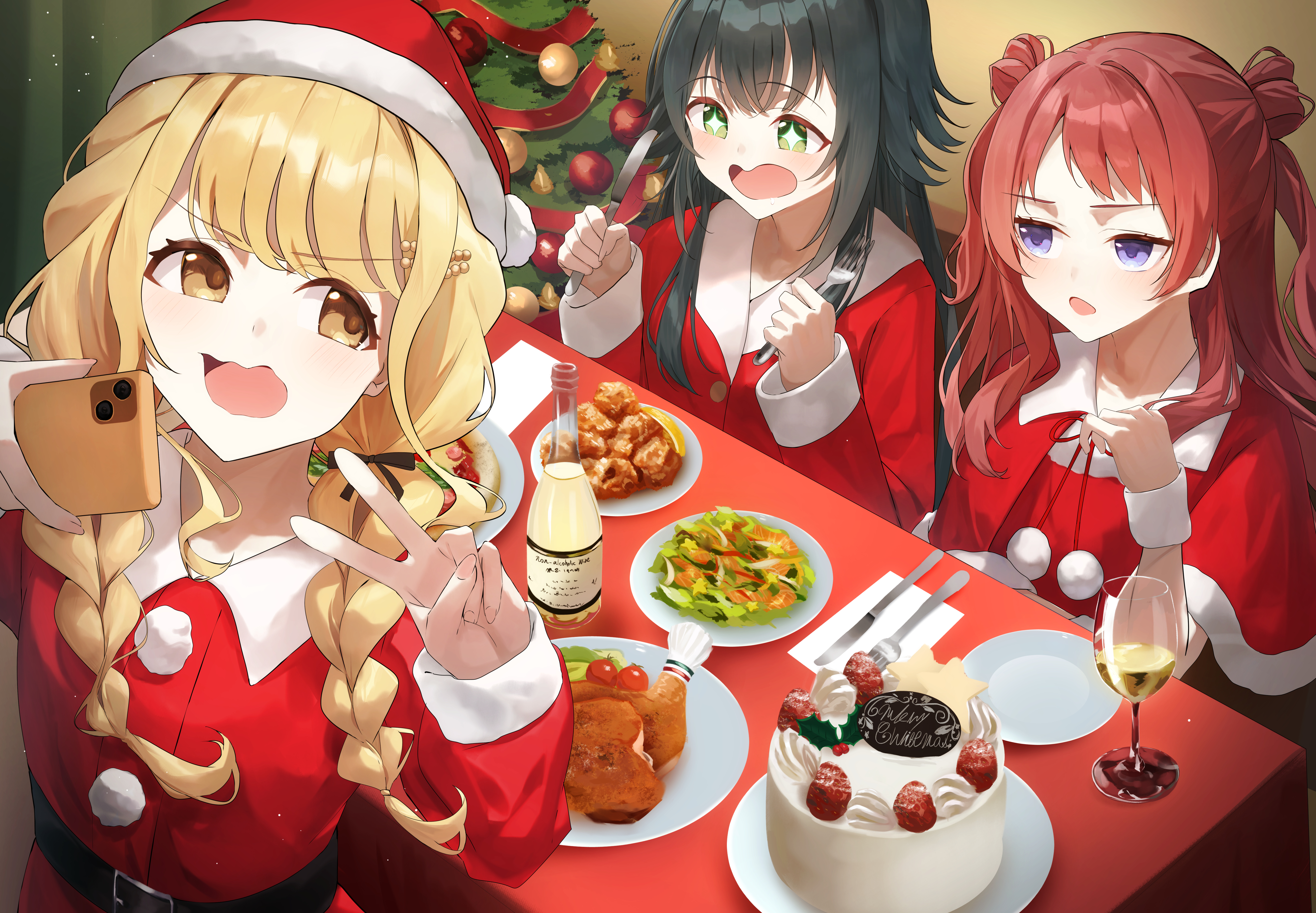 a sayu, fujita kotone, hanami saki, tsukimura temari, gakuen idolmaster, idolmaster, absurdres, commentary request, highres, + +, 3girls, alternate costume, blonde hair, blue eyes, braid, cake, capelet, cellphone, champagne flute, christmas tree, cup, dress, drinking glass, food, fork, green eyes, green hair, hat, holding, holding fork, holding knife, holding phone, indoors, knife, long sleeves, looking at another, looking at food, merry christmas, multiple girls, phone, re;iris (idolmaster), red capelet, red dress, red hair, santa costume, santa hat, sitting, smartphone, twin braids, two side up, v, v-shaped eyebrows, yellow eyes