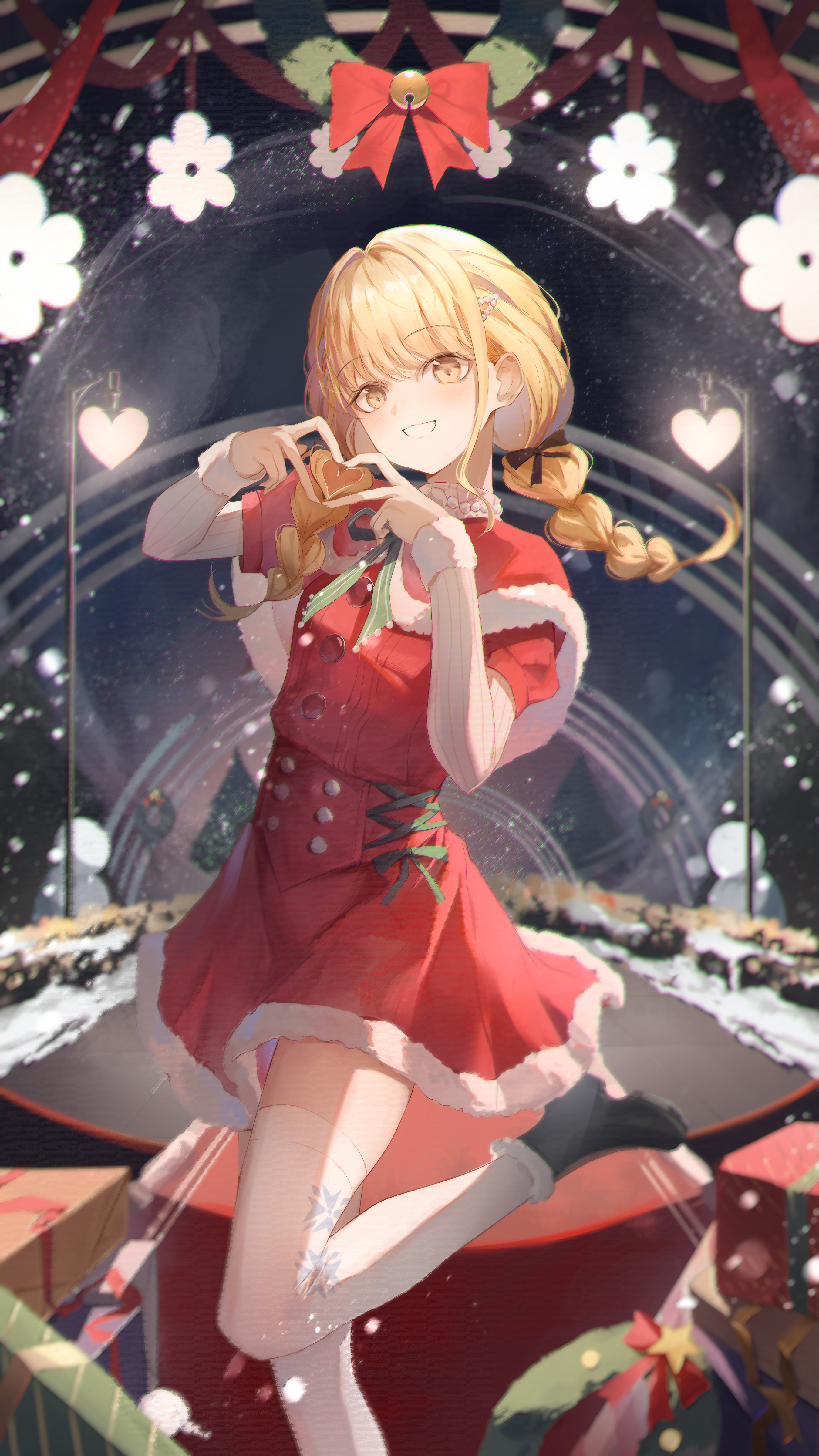 z-bow, fujita kotone, gakuen idolmaster, idolmaster, absurdres, commentary, highres, 1girl, black shoes, blonde hair, capelet, four-finger heart hands, hair ornament, hairclip, heart, heart hands, long hair, open mouth, red capelet, red shirt, red skirt, shirt, shoes, skirt, solo, thighhighs, white thighhighs, yellow eyes