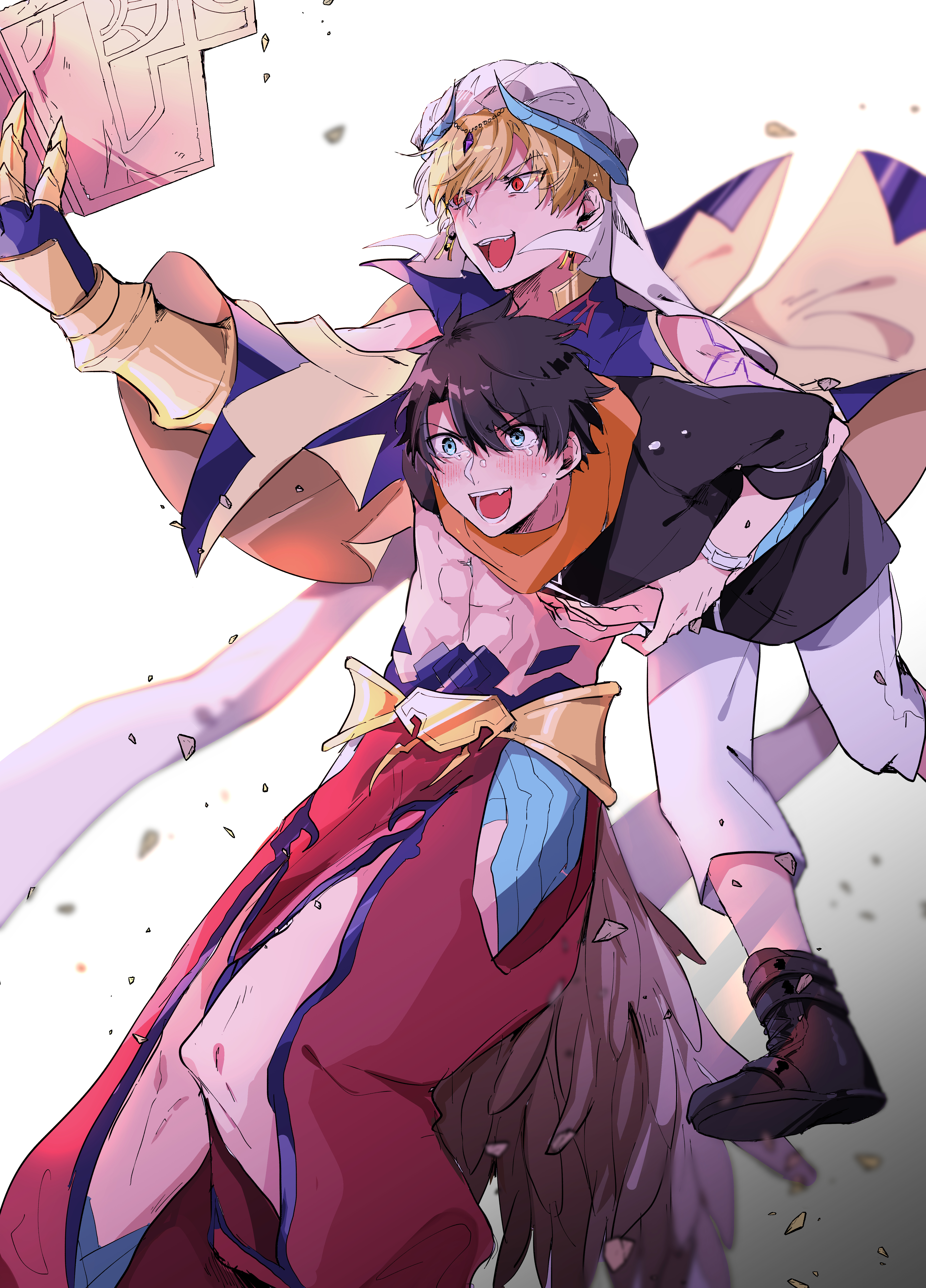 bit (8115894), fujimaru ritsuka (male), fujimaru ritsuka (male) (true ether chaldea uniform), gilgamesh, gilgamesh (caster) (fate), gilgamesh (fate), fate/grand order, fate (series), absurdres, commentary request, highres, 2boys, abs, armor, baggy pants, bare shoulders, belt, black boots, black hair, black shirt, blonde hair, blue eyes, blue vest, blush, book, boots, capelet, carrying, carrying person, chain, circlet, collared shirt, cowboy shot, crying, crying with eyes open, earrings, fang, fingernails, floating clothes, fur trim, gauntlets, gem, gold armor, gold belt, gold chain, gold earrings, hair between eyes, hand on another's chest, hand up, holding, holding book, horns, japanese armor, jewelry, kote, kurokote, long sleeves, looking at object, male focus, multiple boys, muscular, muscular male, navel, open book, open clothes, open mouth, open vest, orange scarf, pants, purple gem, red eyes, red pants, scarf, shirt, short hair, shoulder tattoo, simple background, single gauntlet, smile, standing, tattoo, tears, teeth, tongue, turban, v-shaped eyebrows, veil, vest, white background, white pants, white turban, white veil, wristband, yellow capelet