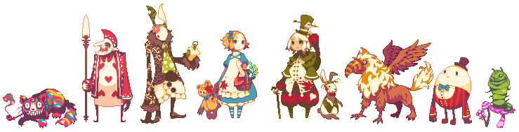 collet, alice (alice in wonderland), caterpillar (alice in wonderland), cheshire cat (alice in wonderland), humpty dumpty, mad hatter (alice in wonderland), march hare (wonderland), white rabbit (alice in wonderland), alice's adventures in wonderland, 1girl, 2boys, card, full body, griffin, multiple boys, pixel art, transparent background