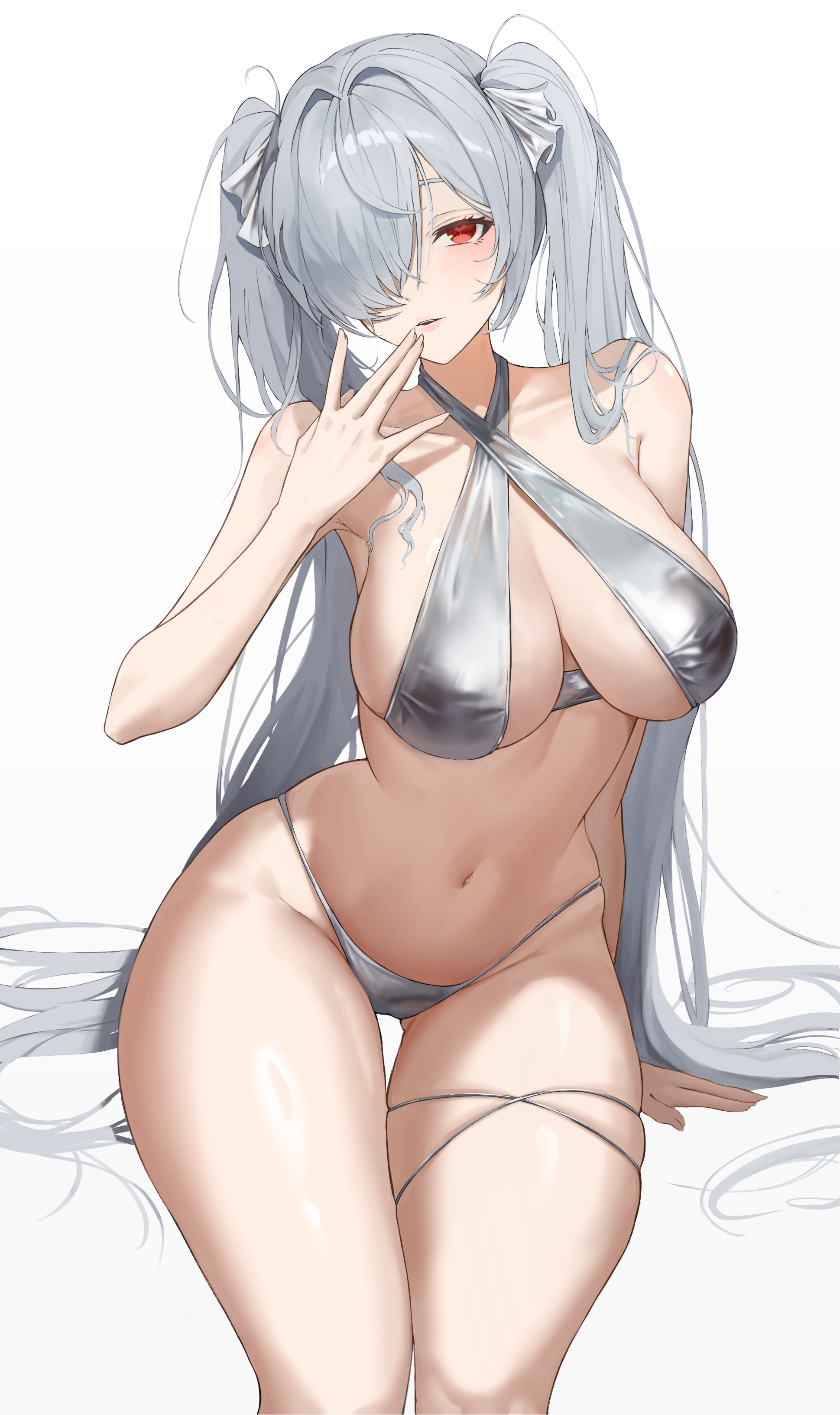 sami (ami12702752), cinderella (nikke), goddess of victory: nikke, absurdres, commentary request, highres, 1girl, bikini, breasts, criss-cross halter, hair over one eye, halterneck, large breasts, long hair, looking at viewer, navel, parted lips, red eyes, silver bikini, simple background, sitting, solo, stomach, swimsuit, thigh strap, twintails, very long hair, white background, white hair