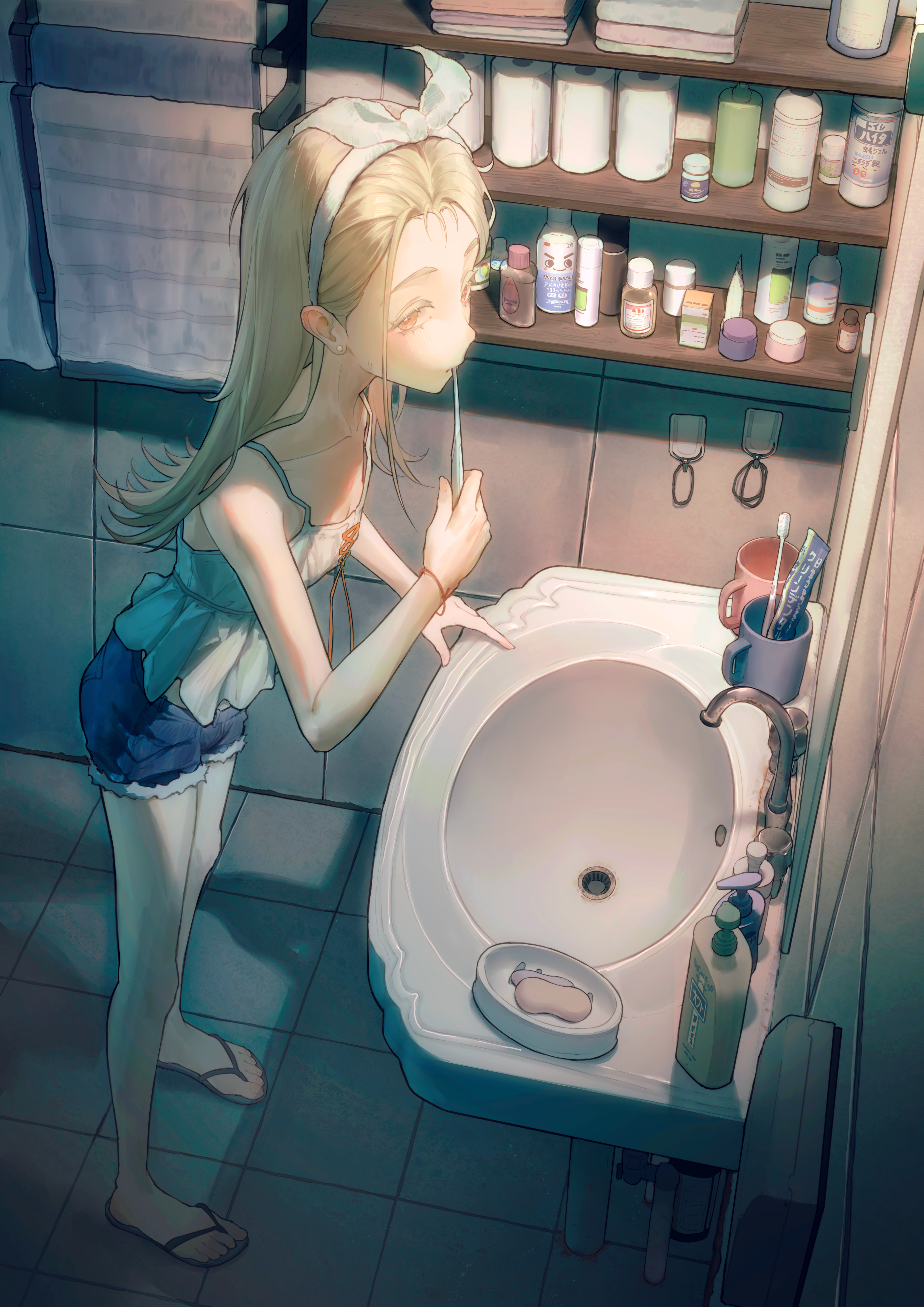crane666, shinosawa hiro, gakuen idolmaster, idolmaster, absurdres, commentary request, highres, 1girl, bar soap, bathroom, blonde hair, blue shorts, bow hairband, brushing teeth, camisole, colored eyelashes, cup, denim, denim shorts, earrings, faucet, flipped hair, from above, hair pulled back, hairband, holding, holding toothbrush, indoors, jewelry, looking at viewer, looking to the side, messy hair, mug, orange eyes, sandals, short shorts, shorts, sink, soap bottle, solo, stud earrings, tile floor, tile wall, tiles, toothbrush, toothbrush in mouth, toothpaste, towel, towel rack, white camisole