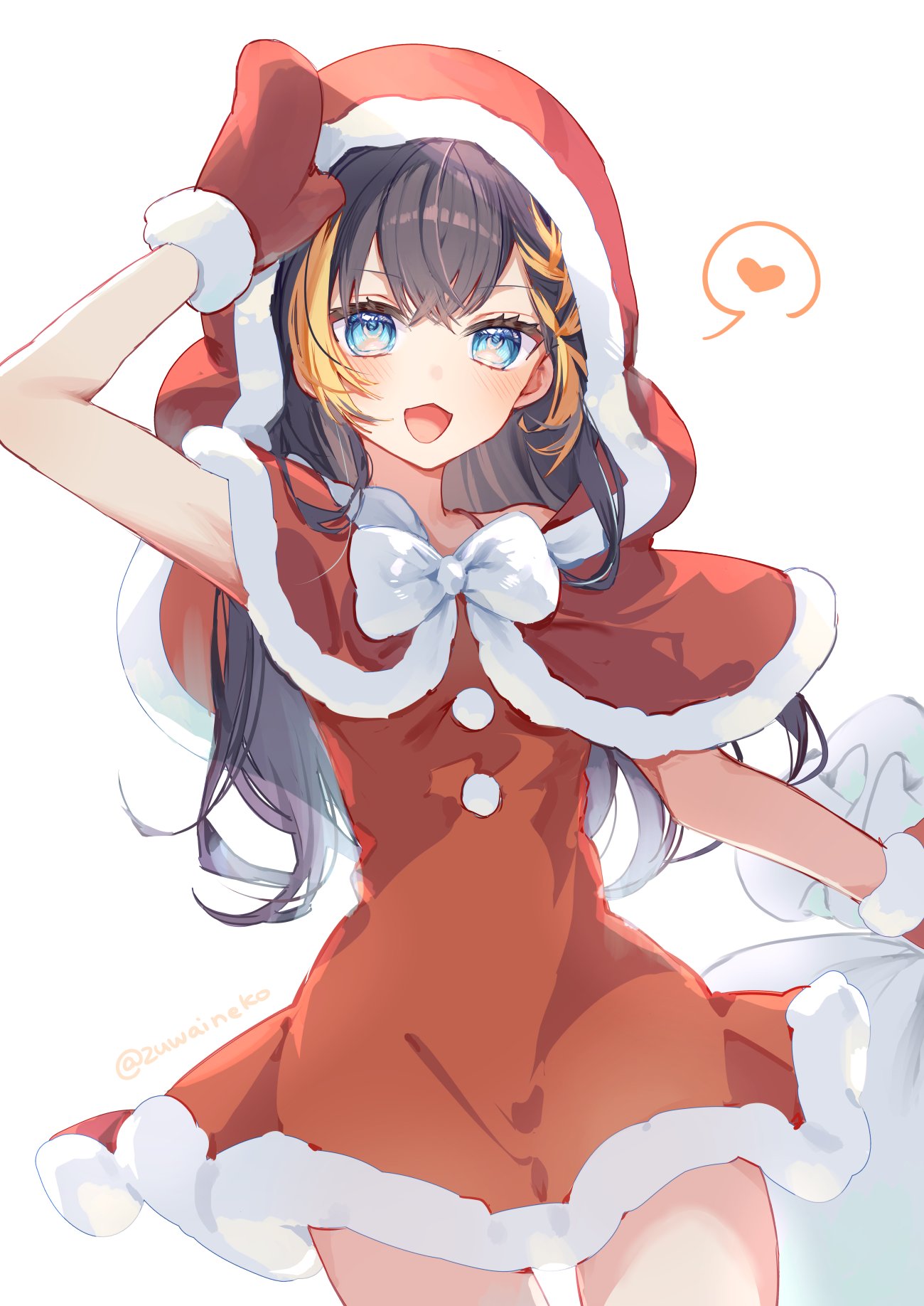 zuwaineko, petra gurin, nijisanji, nijisanji en, commentary request, highres, 1girl, alternate costume, arm up, black hair, blonde streaks, blue eyes, bow, bowtie, braid, capelet, cowboy shot, dress, fur-trimmed capelet, fur-trimmed dress, fur-trimmed gloves, fur trim, gloves, heart, hood, hooded capelet, long hair, looking at viewer, multicolored hair, official alternate hairstyle, open mouth, red capelet, red dress, red gloves, santa costume, santa dress, simple background, solo, spoken heart, streaked hair, twitter username, virtual youtuber, white background, white bow, white bowtie