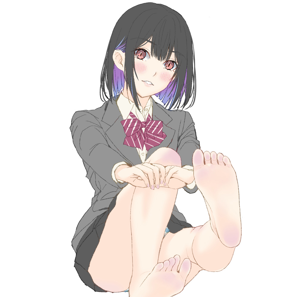 touya (msdonuts18), 1girl, barefoot, black hair, blush, feet, looking at viewer, medium hair, parted lips, red eyes, soles, toes