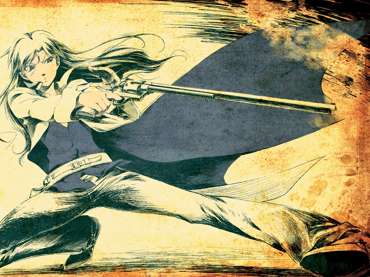 shimoigusa, takemura sessyu, kisaragi chihaya, idolmaster, idolmaster (classic), 00s, 1girl, cocked hammer, denim, female focus, gun, handgun, jacket, jeans, long hair, monochrome, pants, revolver, sepia, solo, weapon