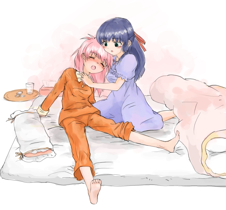 nyama, karasuma chitose, milfeulle sakuraba, galaxy angel, 00s, 2girls, barefoot, blush, closed eyes, feet, futon, half updo, multiple girls, pajamas, sick, sleeping, soles, toes